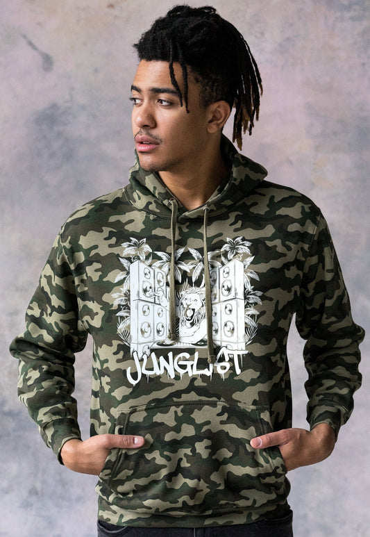 Junglist Lion DJ Decks Camo Hoodie Drum and Bass Dreads Jungle Synth Amen Music Producer Camouflage Sweatshirt Mens Women Printed Hooded Top