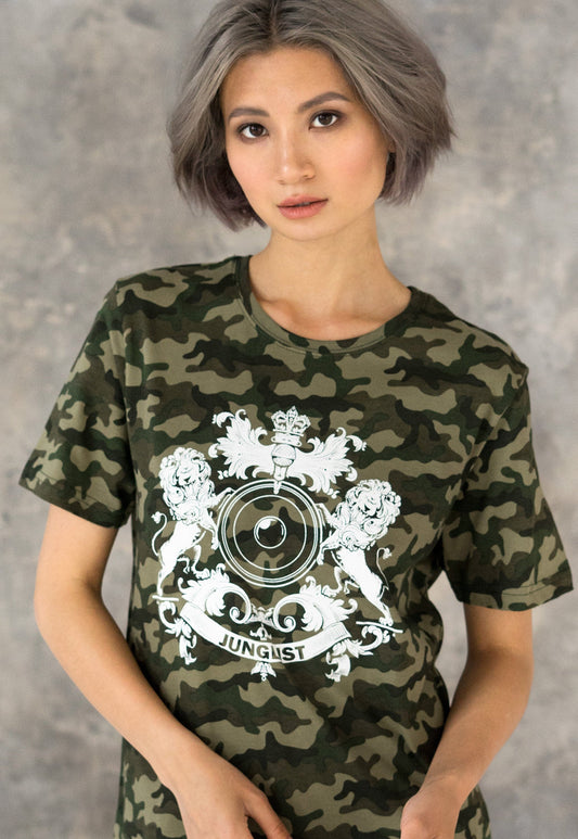 Junglist Coat Of Arms T Shirt Jungle Massive Crest Drum and Bass DJ & Synth Music Festival Camo Camouflage Graphic Women's Printed Tee