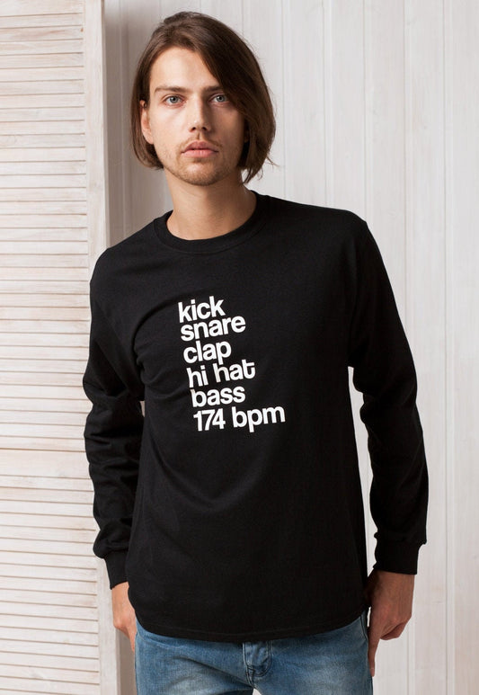 Kick Snare 174 BPM Long Sleeve T Shirt Synthesizer Synth Junglist Music Drum and Bass & DnB Junglist Producer Printed Mens Womens Cotton Tee