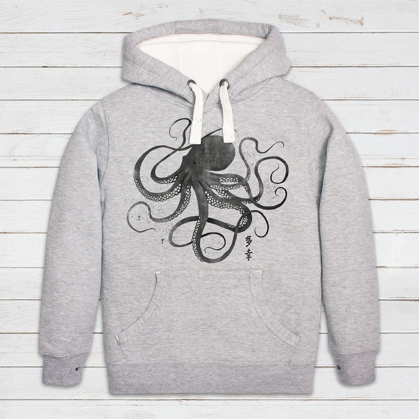Octopus Japanese Calligraphy Hoodie Gyotaku Traditional Japan Anime Manga Kanji Kyoto Martial Arts Womens Mens Sweatshirt Printed Hooded Top