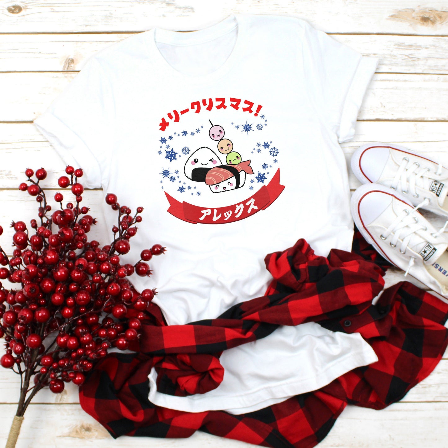 Custom Japanese T Shirt Kawaii Sushi Christmas Calligraphy Your Name Anime Manga Personalised Message Holiday Xmas Cute Women's Men's Tee