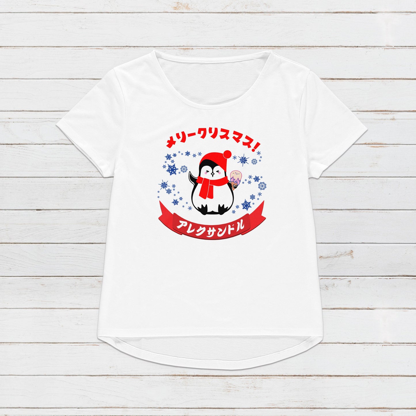 Custom Japanese T Shirt Kawaii Christmas Penguin Your Name Anime Manga Personalised Message Holiday Xmas Gift Cute Womens Girls Mens Tee Top
