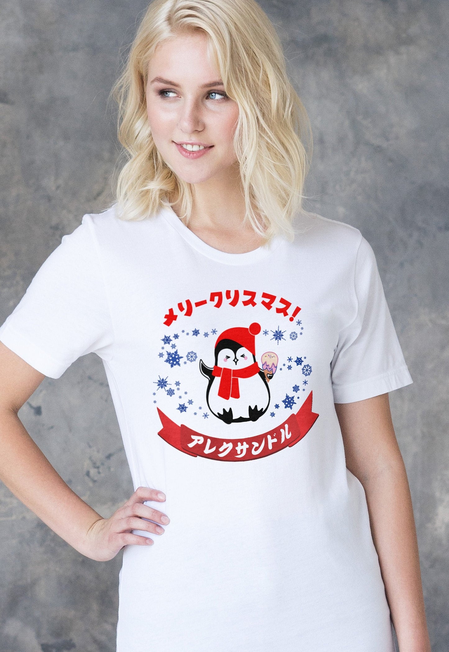 Custom Japanese T Shirt Kawaii Christmas Penguin Your Name Anime Manga Personalised Message Holiday Xmas Gift Cute Womens Girls Mens Tee Top
