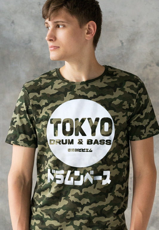 Tokyo Drum & Bass Camo T Shirt Japanese Writing 174 BPM Japan Junglist Synthesizer Synth Graphic Camouflage Mens Womens Graphic Printed Tee