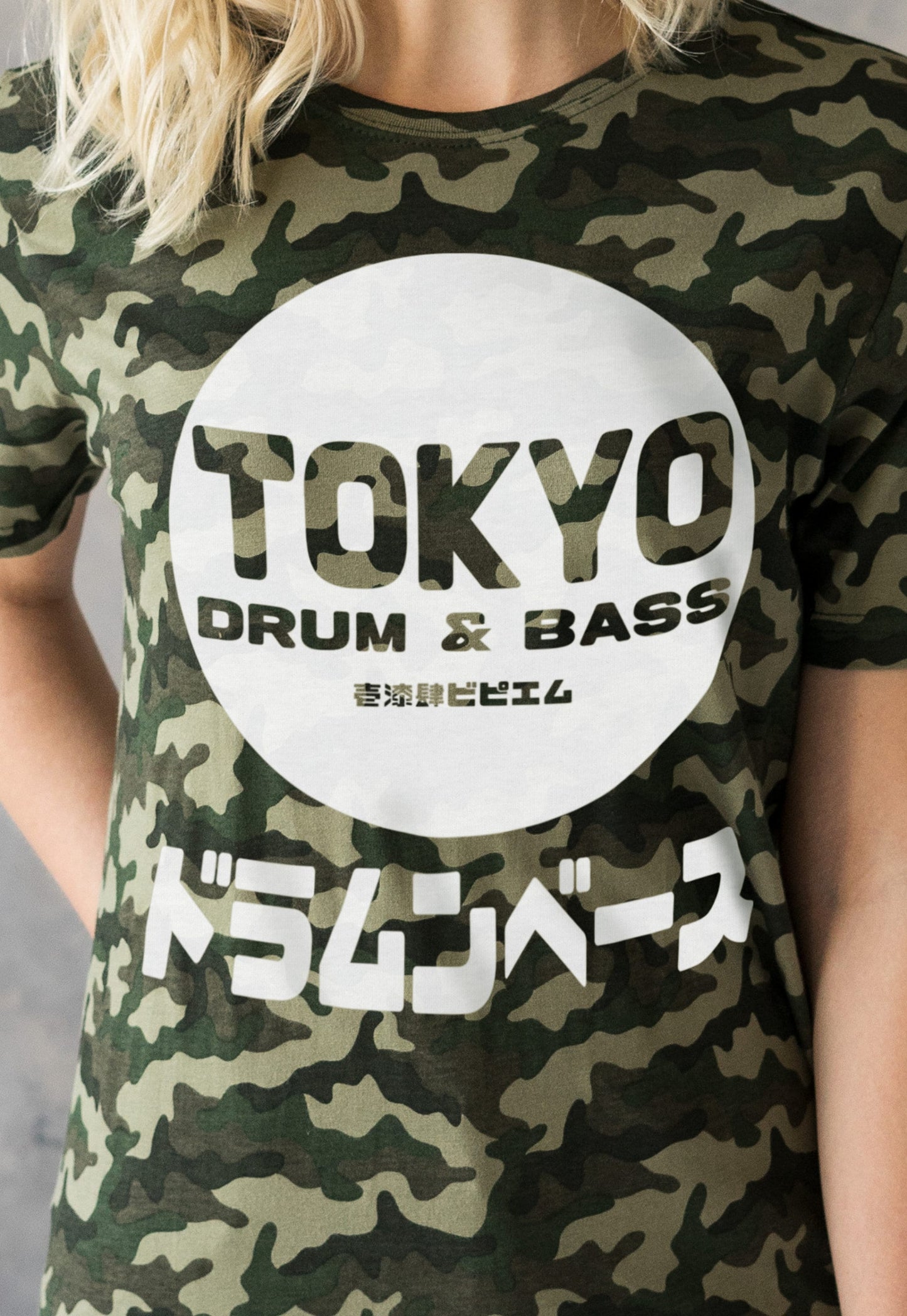 Japanese Camo T Shirt Tokyo Drum and Bass & n Female DJ Junglist DNB EDM Logo Junglist Streetwear Camouflage Womens Mens Graphic Printed Tee