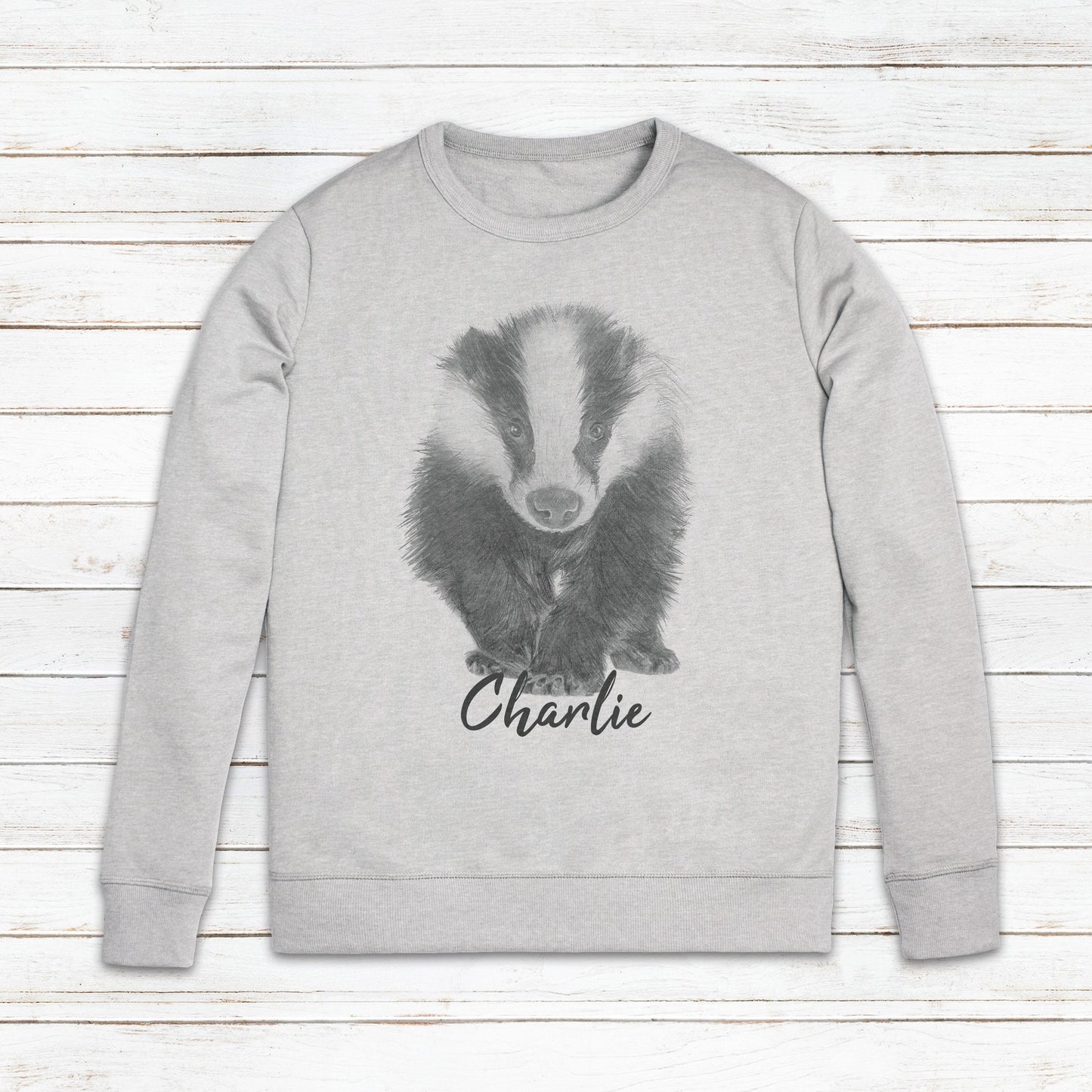 Custom Name Badger Sweatshirt Personalised Your Text Artist Pencil Sketch Drawing Vegan Animal Cute Valentines Gifts Mens Womens Printed