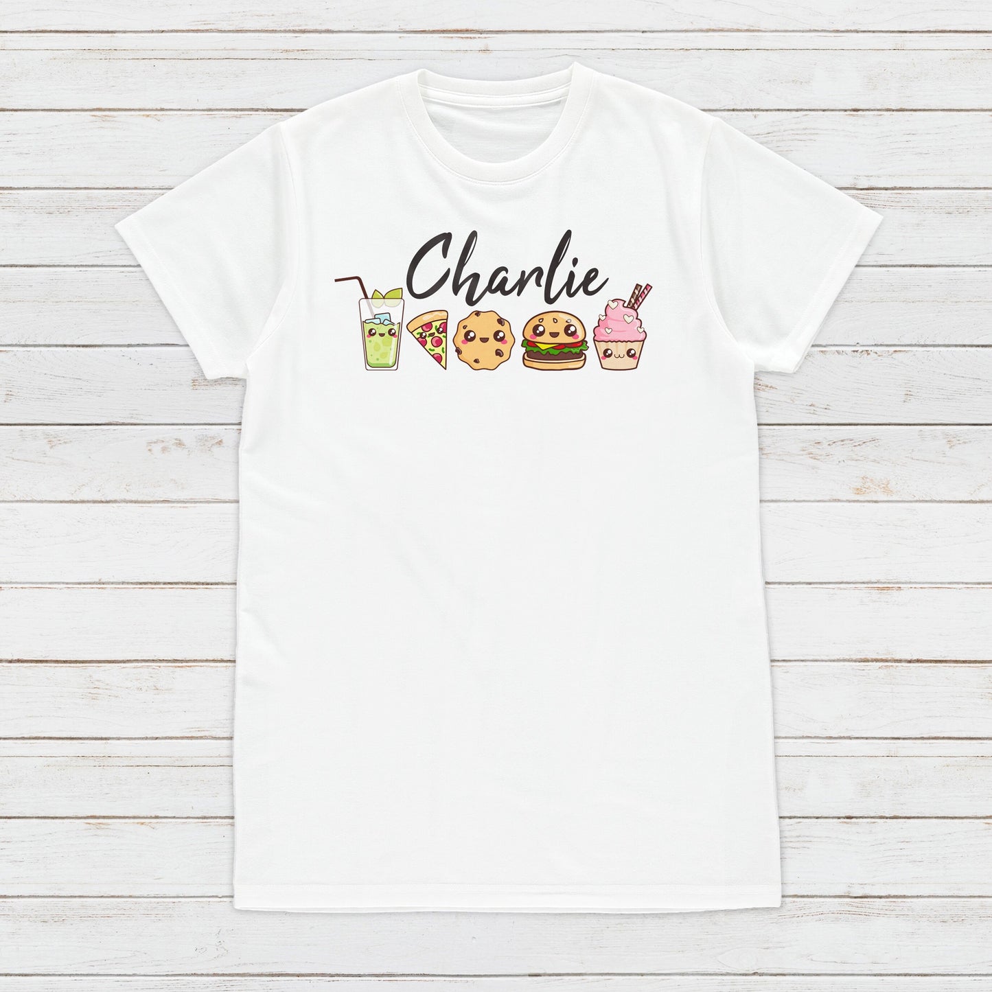 Custom Personalised T Shirt Your Name Text Message Kawaii Print Personalized Cupcake Pizza Cute Calligraphy Womens Mens Graphic Printed Tee