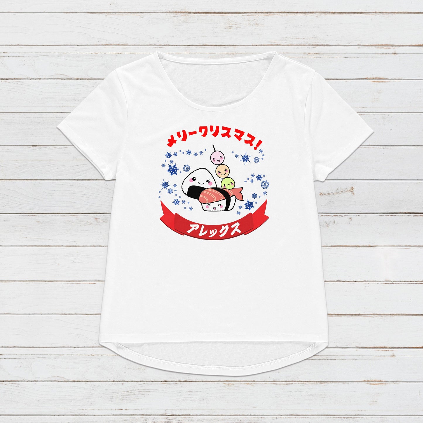 Custom Japanese T Shirt Kawaii Sushi Christmas Calligraphy Your Name Anime Manga Personalised Message Holiday Xmas Cute Women's Men's Tee