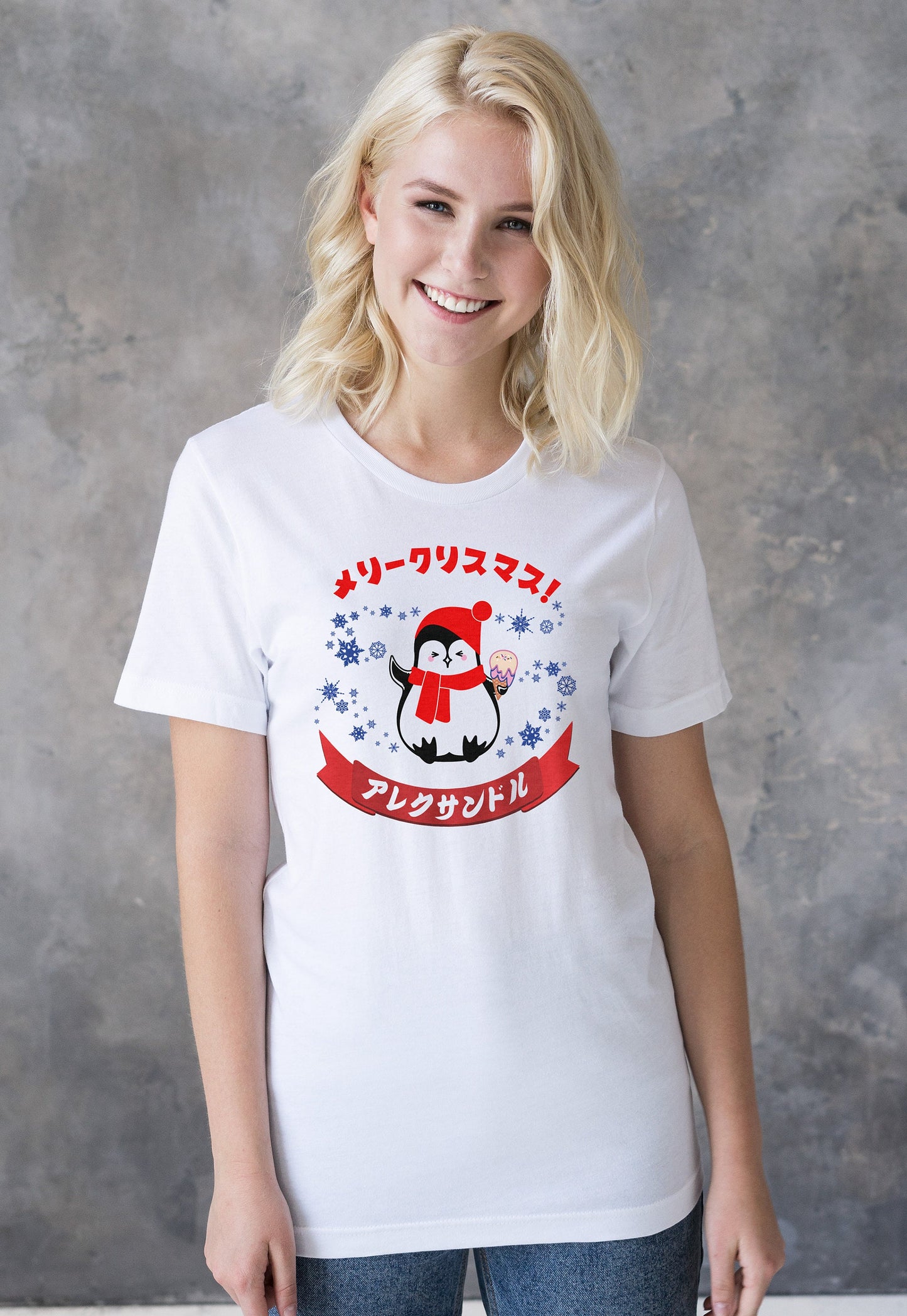 Custom Japanese T Shirt Kawaii Penguin Santa Christmas Calligraphy Your Name Anime Manga Personalised Holiday Xmas Cute Women's Men's Tee