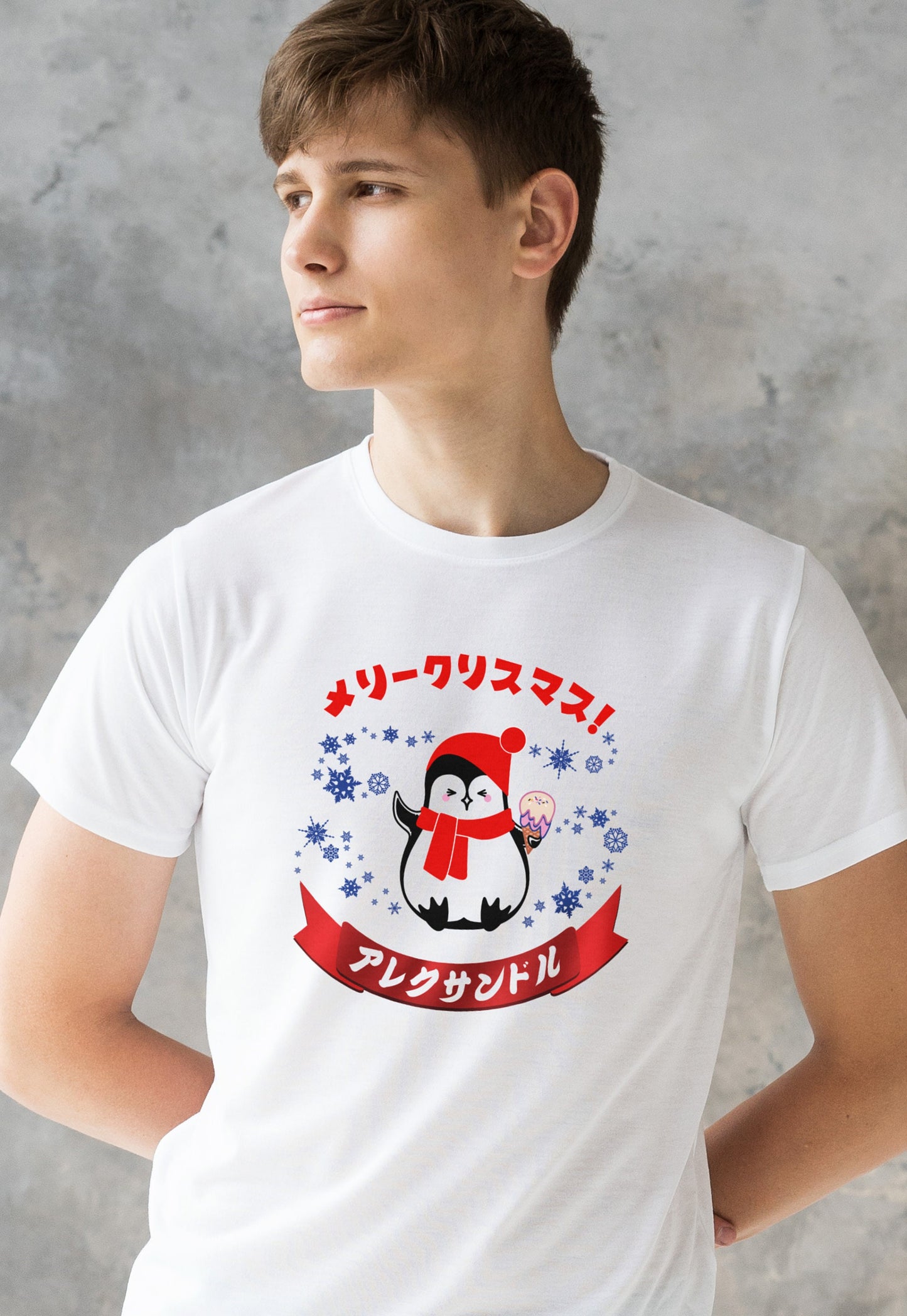 Custom Japanese T Shirt Kawaii Penguin Santa Christmas Calligraphy Your Name Anime Manga Personalised Holiday Xmas Cute Women's Men's Tee