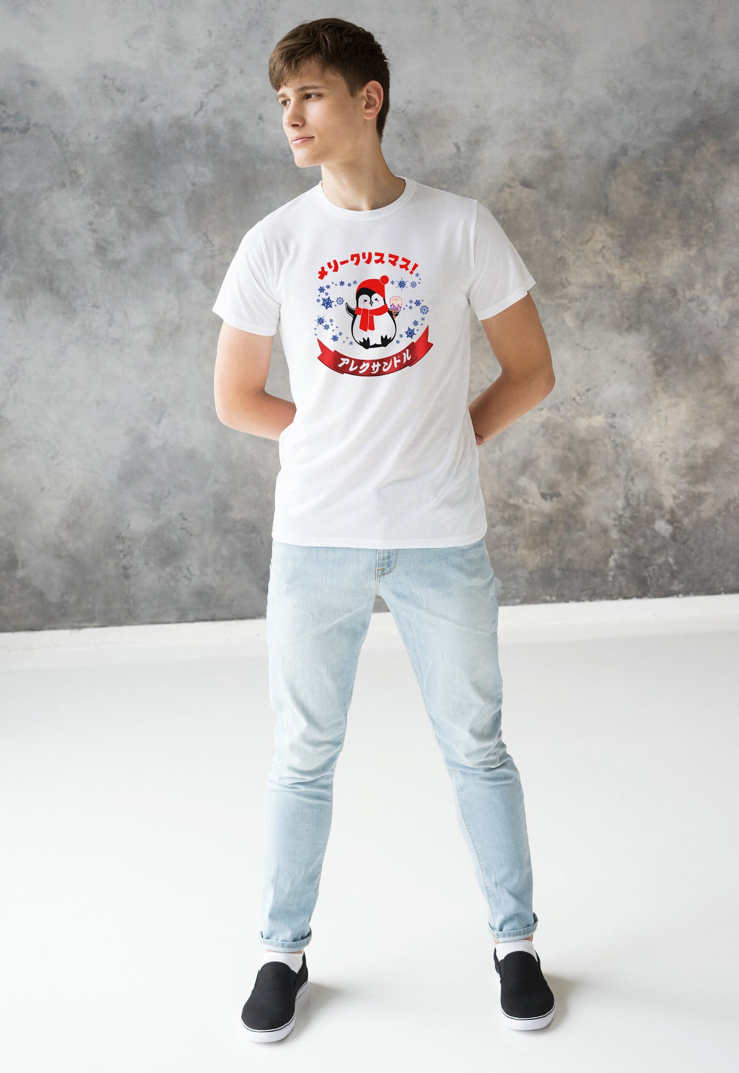 Custom Japanese T Shirt Kawaii Penguin Santa Christmas Calligraphy Your Name Anime Manga Personalised Holiday Xmas Cute Women's Men's Tee