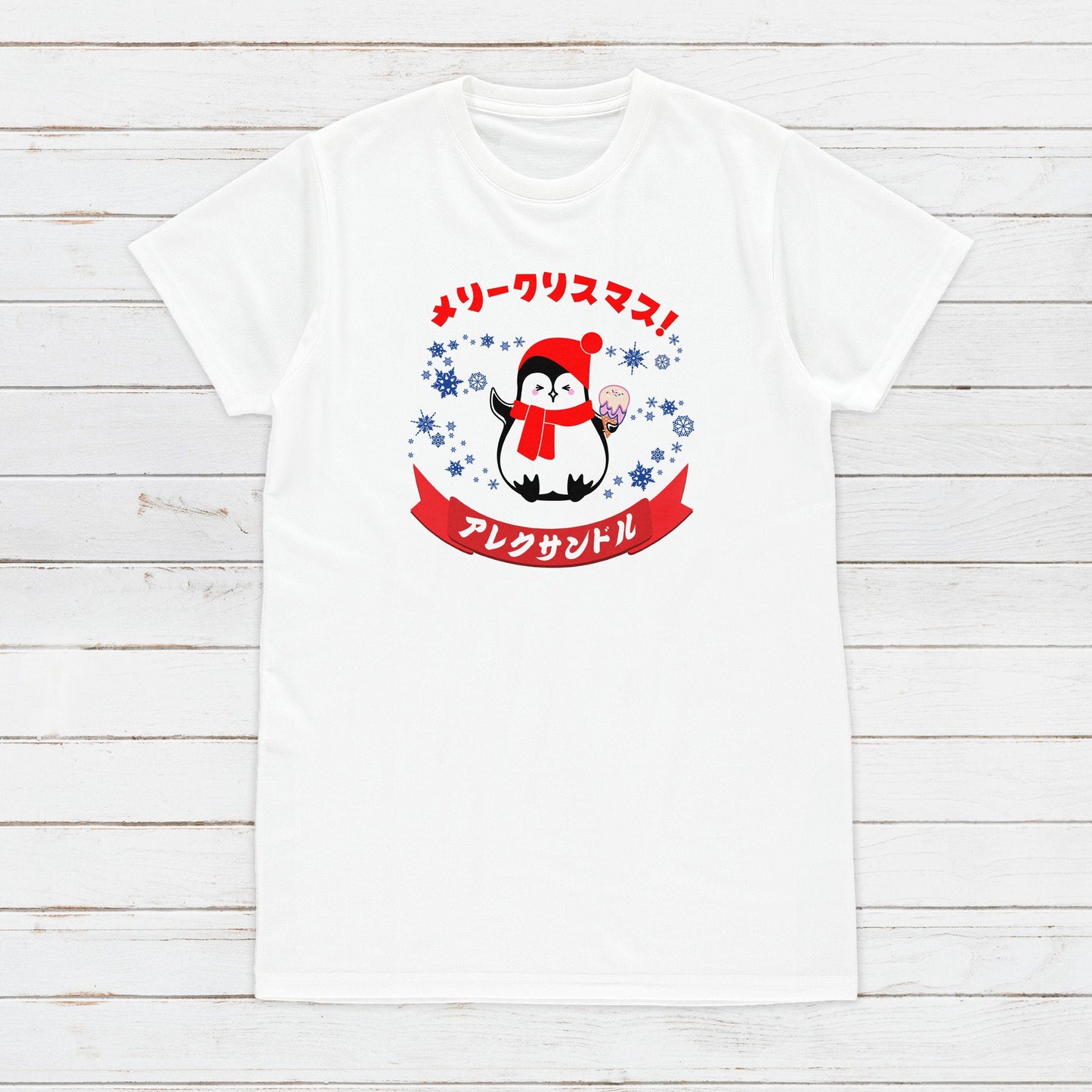 Custom Japanese T Shirt Kawaii Penguin Santa Christmas Calligraphy Your Name Anime Manga Personalised Holiday Xmas Cute Women's Men's Tee