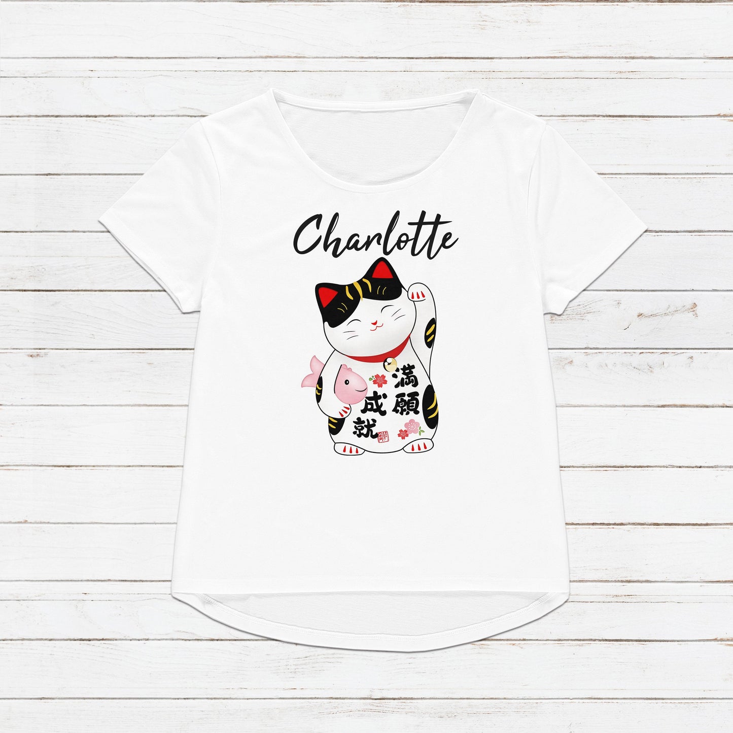 Custom Personalised T Shirt Japanese Lucky Cat Maneki Neko Kawaii Personalized Your Name Anime Text Customised Cute Womens Mens Printed Tee