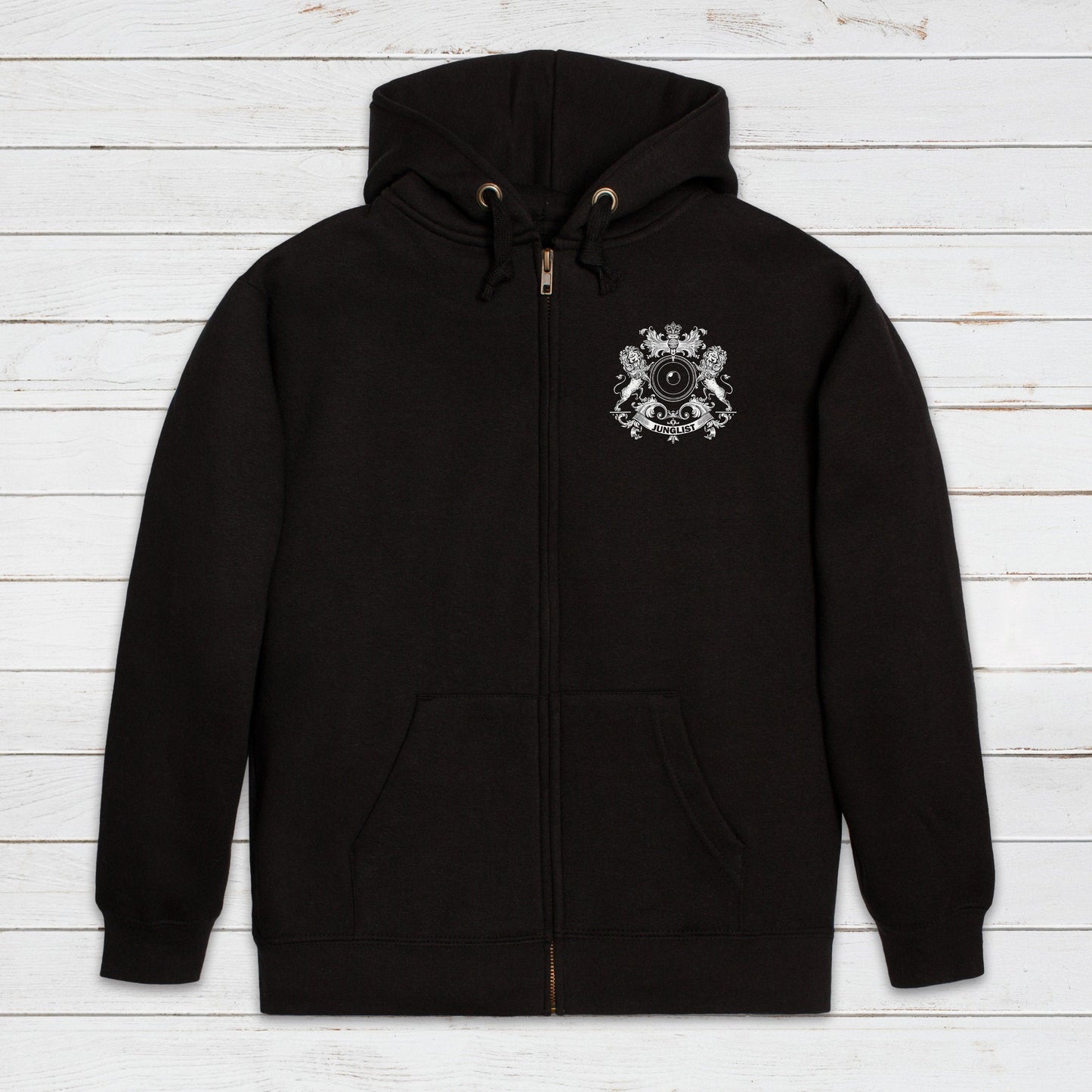 Junglist Coat Of Arms Logo Zip Up Hoodie Jungle Crest Drum and Bass & Synth Music Producer Sweatshirt Gifts for Men Mens Womens Hooded Top