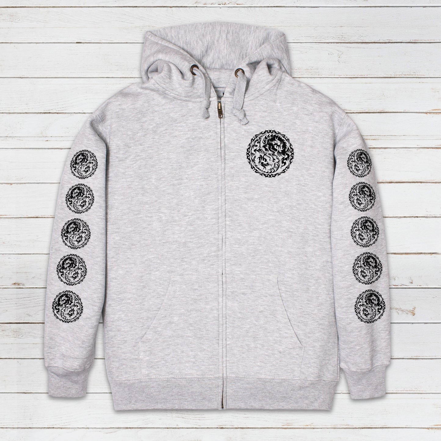 Yin Yang Dragons Zip Up Hoodie - Taoism Chinese Japanese Dragon Taijitu Martial Arts Yoga Tai Chi Mens Womens Sweatshirt Full Zip Hooded Top