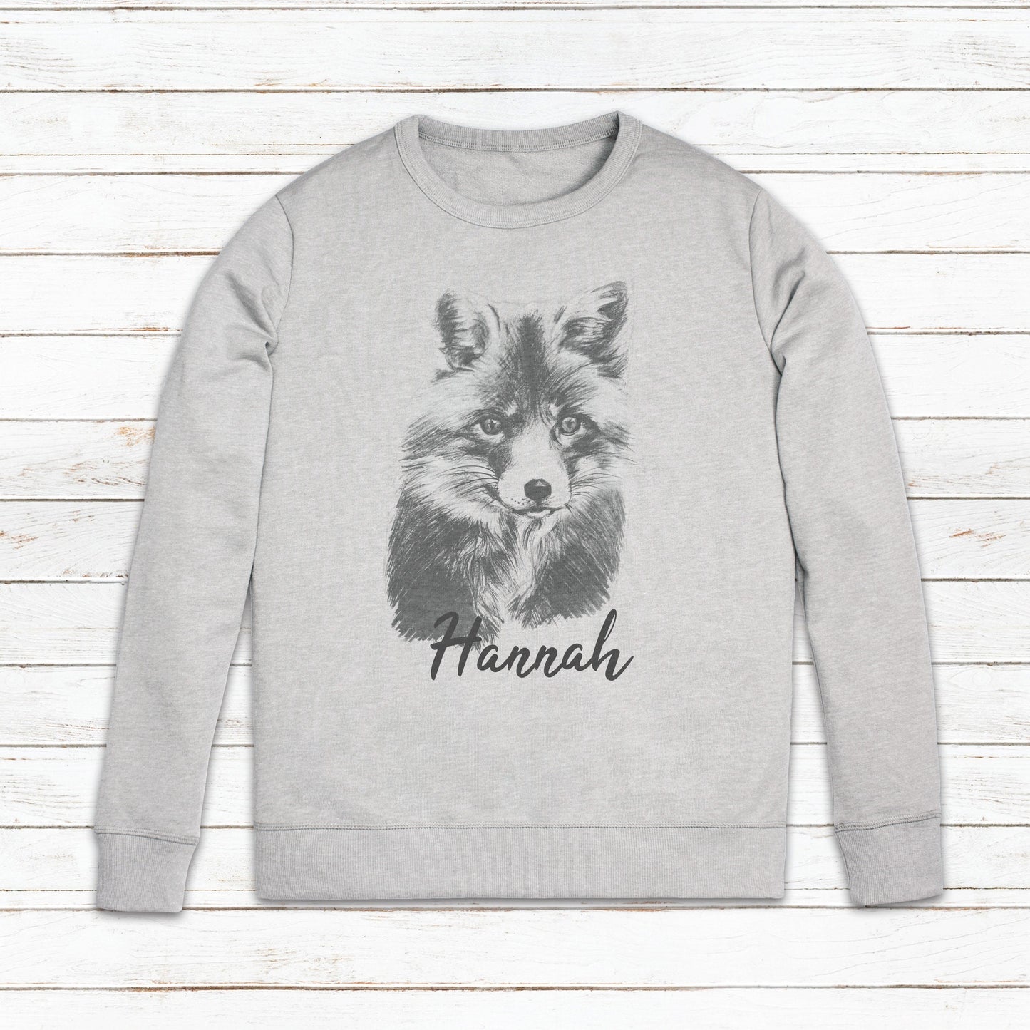 Custom Name Fox Sweatshirt Personalised Your Text Artist Pencil Sketch Art Drawing Vegan Animal Birthday Valentines Gift Mens Womens Printed