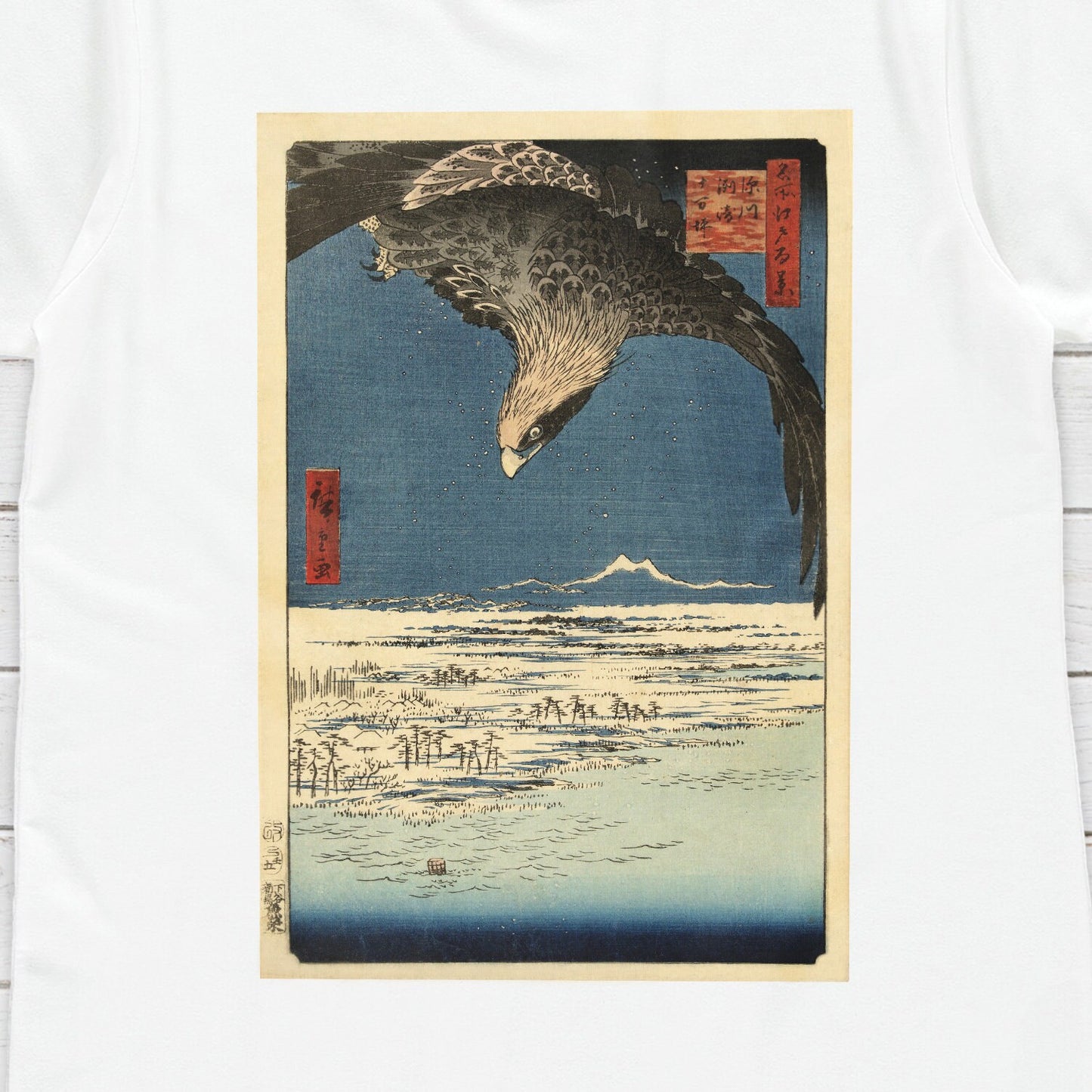 Japanese Ukiyo-e T Shirt Woodblock Art Utagawa Hiroshige Japan Hawk Falcon Traditional Kanji Calligraphy Womens Mens Graphic Printed Tee Top