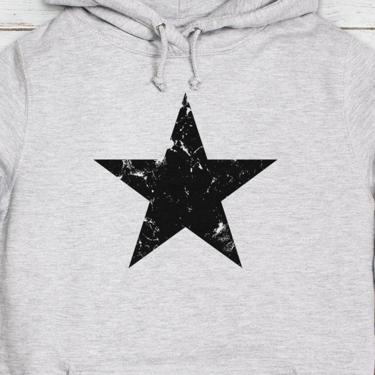Black Star Hoodie Distressed Retro Minimalist 90s 70s Y2K Print Design Streetwear Womens Girls Graphic Printed Hooded Top Jumper Sweatshirt
