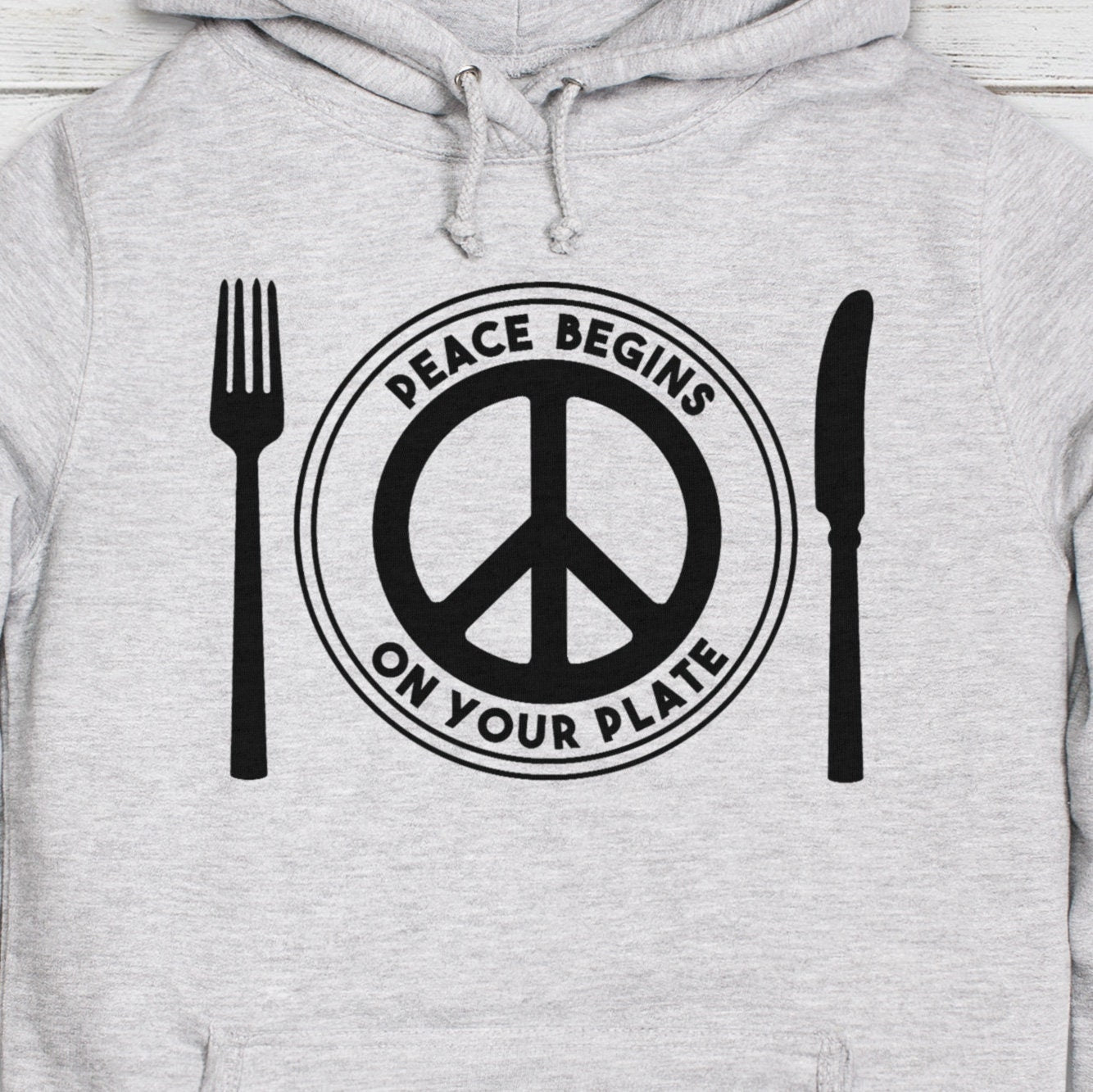 Vegan Hoodie Peace Begins On Your Plate Plant Based Sign Logo Animal Rights Planet Earth Womens Girls Printed Hooded Top Jumper Sweatshirt