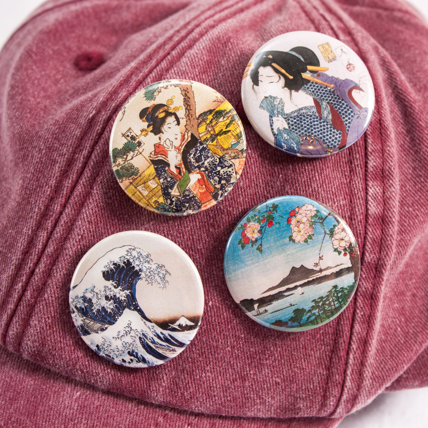 Japanese Badges Ukiyo-e Art Woodblock Print Aesthetic Pin Button Badge Gift Set Geisha Tattoo Kanagawa Wave Maiko Cherry Blossom Pastel Goth