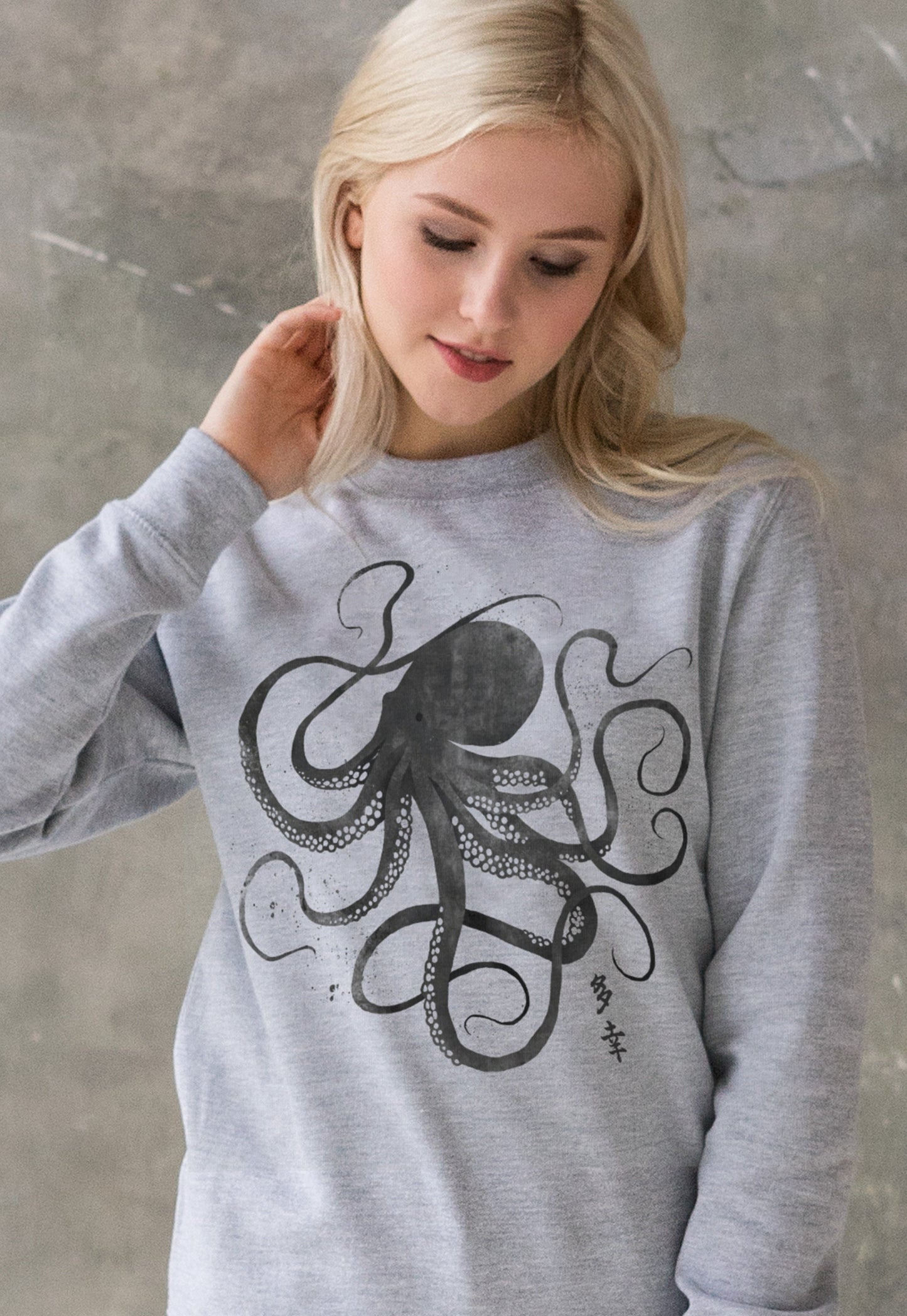 Octopus Japanese Calligraphy Sweatshirt Gyotaku Traditional Ukiyo-e Japan Kanji Anime Manga Kyoto Aesthetic Printed Womens Mens Jumper Top