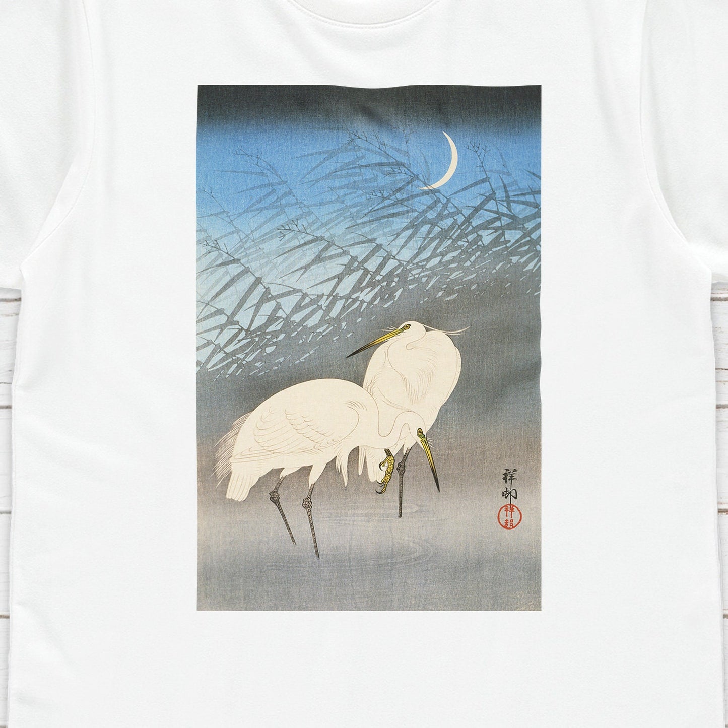 Japanese Ukiyo-e T Shirt Woodblock Art Ohara Koson Shoson Flowers Bird Egrets Traditional Kanji Calligraphy Womens Mens Graphic Printed Tee