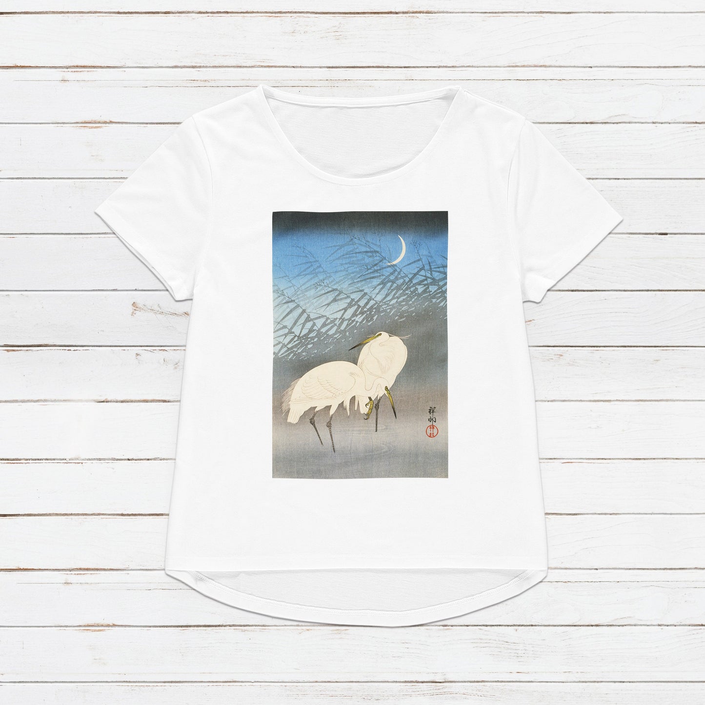 Japanese Ukiyo-e T Shirt Woodblock Art Ohara Koson Shoson Flowers Bird Egrets Traditional Kanji Calligraphy Womens Mens Graphic Printed Tee