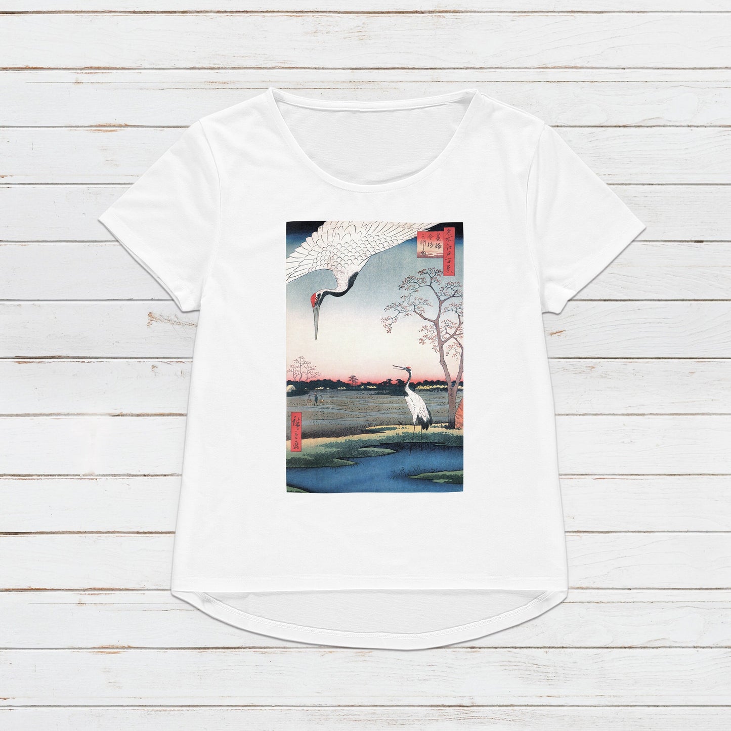 Japanese Ukiyo-e T Shirt Woodblock Art Crane Bird Edo Hiroshige Utagawa Traditional Kanji Japan Calligraphy Womens Mens Graphic Printed Tee