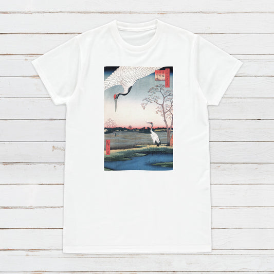Japanese Ukiyo-e T Shirt Woodblock Art Crane Bird Edo Hiroshige Utagawa Traditional Kanji Japan Calligraphy Womens Mens Graphic Printed Tee