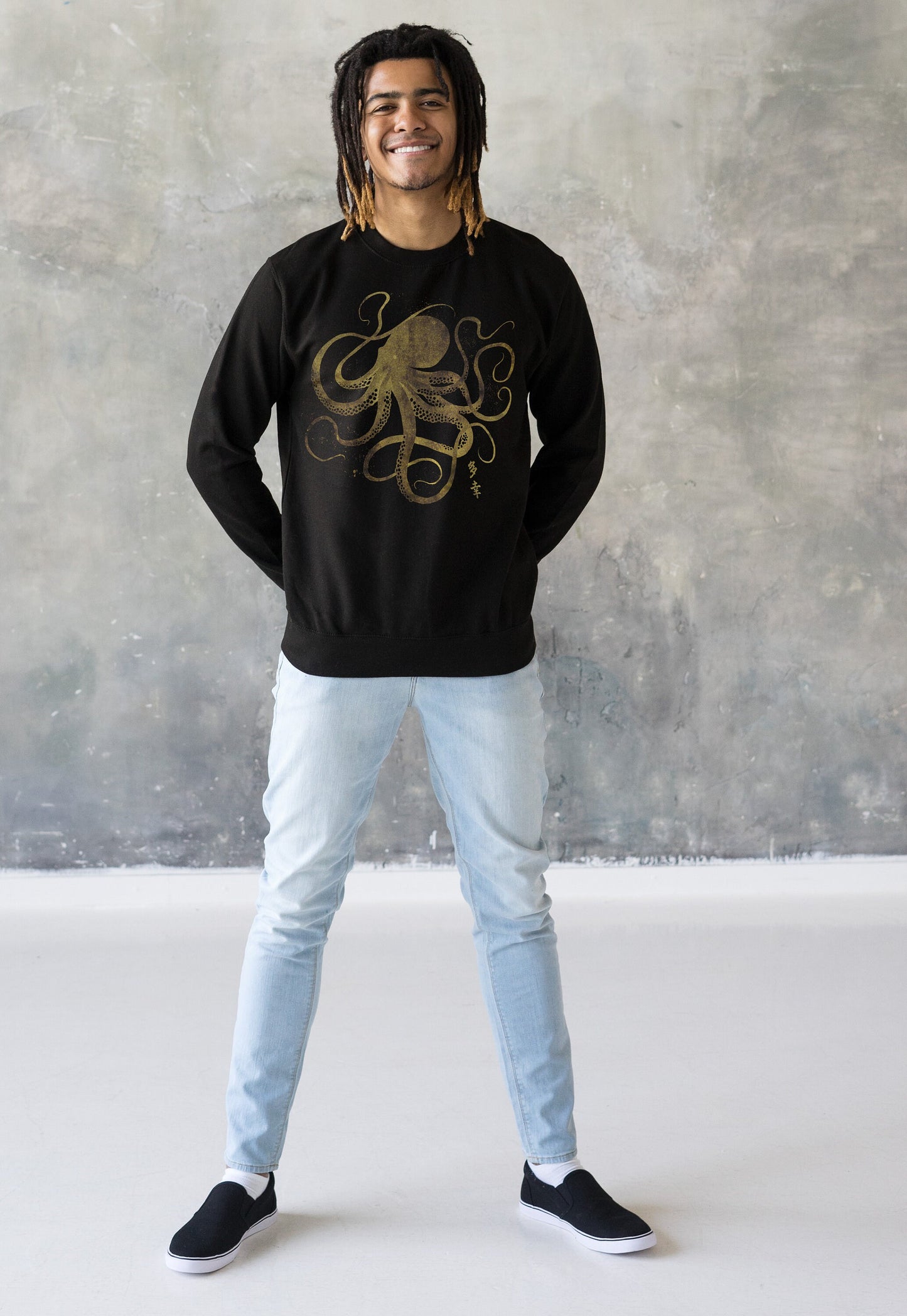 Octopus Japanese Calligraphy Sweatshirt Gyotaku Traditional Ukiyo-e Japan Kanji Anime Manga Kyoto Aesthetic Printed Womens Mens Jumper Top