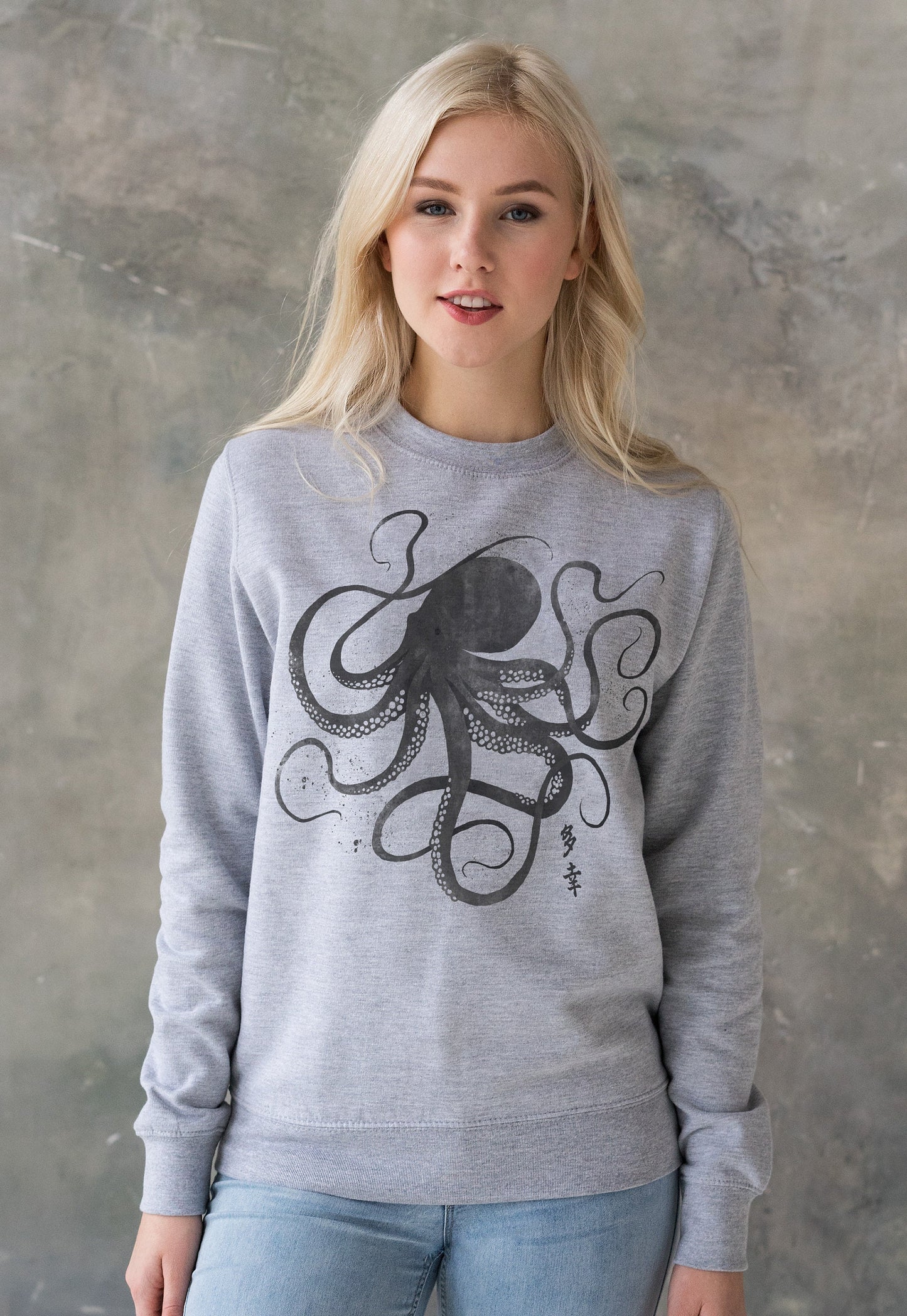 Octopus Japanese Calligraphy Sweatshirt Gyotaku Traditional Ukiyo-e Japan Kanji Anime Manga Kyoto Aesthetic Printed Womens Mens Jumper Top