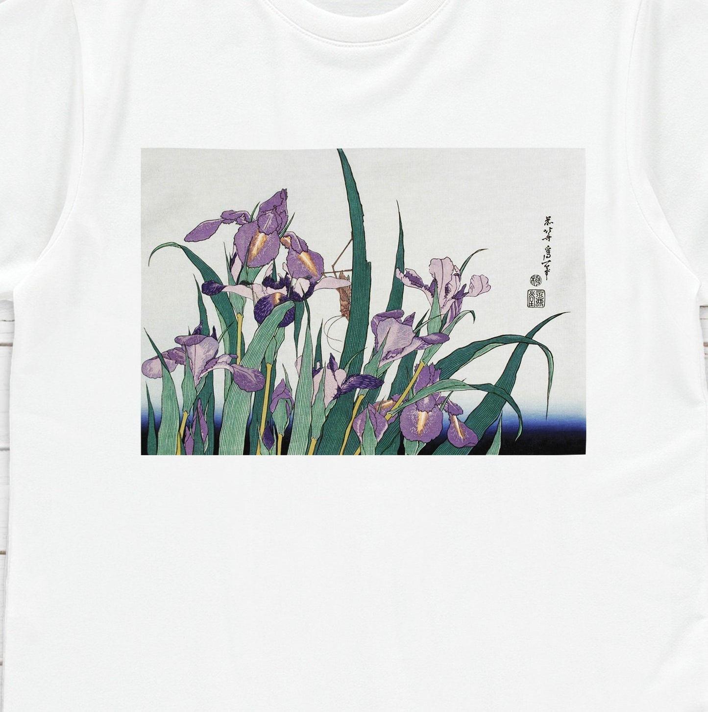 Japanese Ukiyo-e T Shirt Woodblock Art Hokusai Iris Garden Flowers Print Japan Kanji Calligraphy Gifts Womens Mens Graphic Printed Tee Top