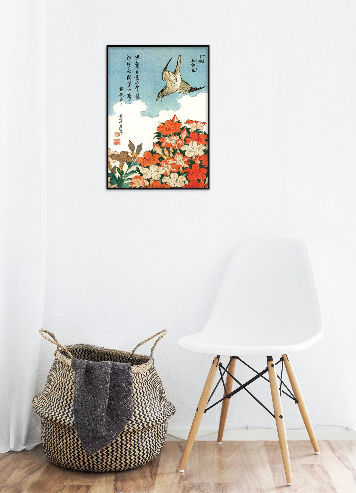 Japanese Ukiyo-e Art Print Poster Woodblock Wall Art Hokusai Flower Floral Azalea Cuckoo Bird Tattoo Beautiful Japan Calligraphy Haiku A3