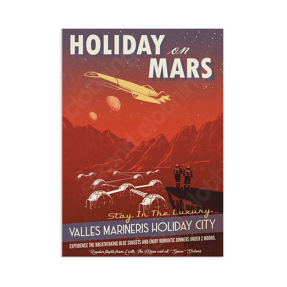 Visit Mars Wall Art Print Poster Decor Vintage Style Retro Travel Rocket Mission Cosmos Flight Science Sci Fi Geek Geeky Astronomy Moon A3