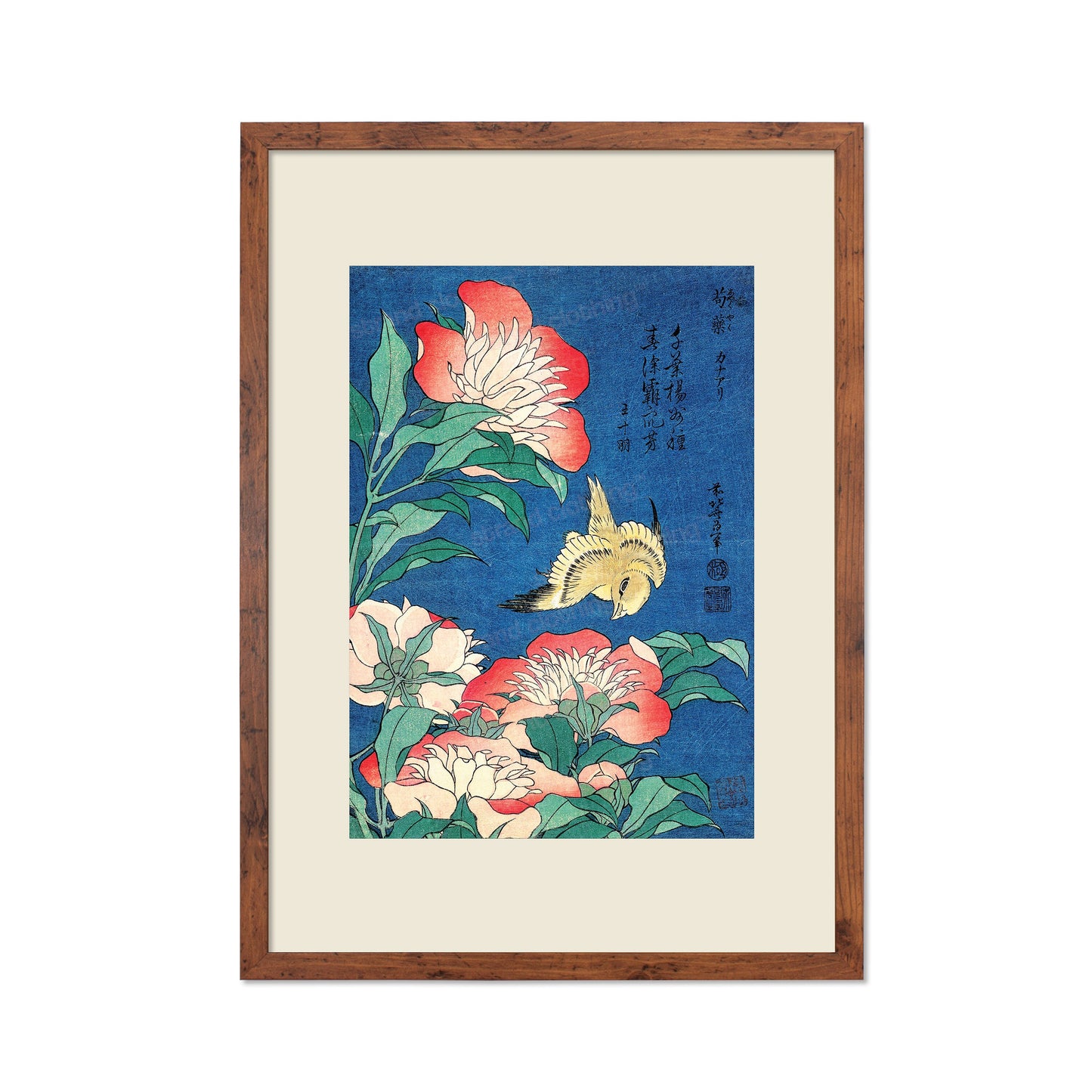 Japanese Art Print Poster Woodblock Ukiyo-e Framed Mounted Wall Hokusai Flower Floral Peonies Canary Bird Tattoo Beautiful Calligraphy A2 A3