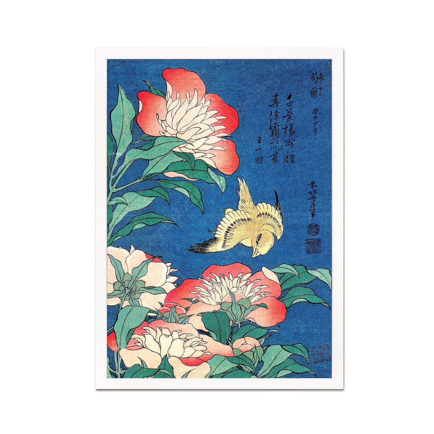 Japanese Art Print Poster Woodblock Ukiyo-e Framed Mounted Wall Hokusai Flower Floral Peonies Canary Bird Tattoo Beautiful Calligraphy A2