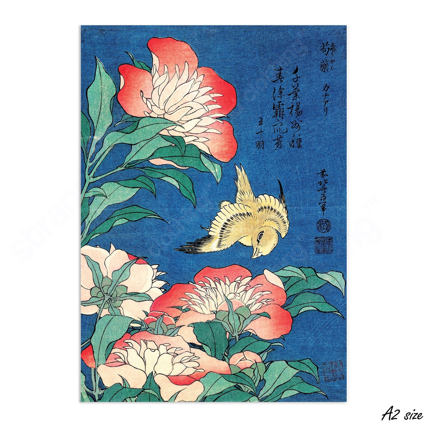 Japanese Ukiyo-e Art Print Poster Woodblock Wall Decor Hokusai Flower Floral Peonies Canary Bird Tattoo Beautiful Japan Calligraphy Haiku