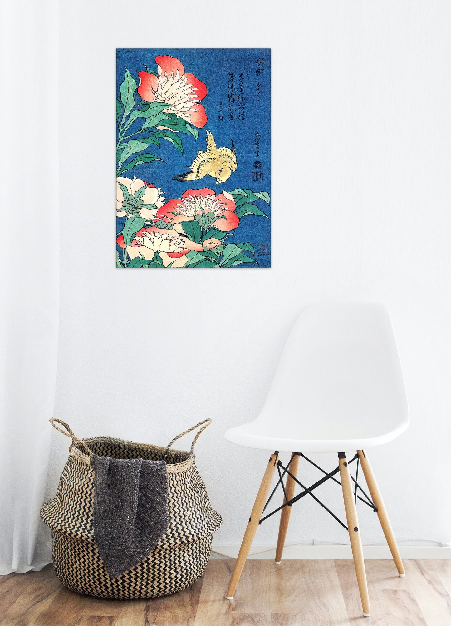 Japanese Ukiyo-e Art Print Poster Woodblock Wall Decor Hokusai Flower Floral Peonies Canary Bird Tattoo Beautiful Japan Calligraphy Haiku