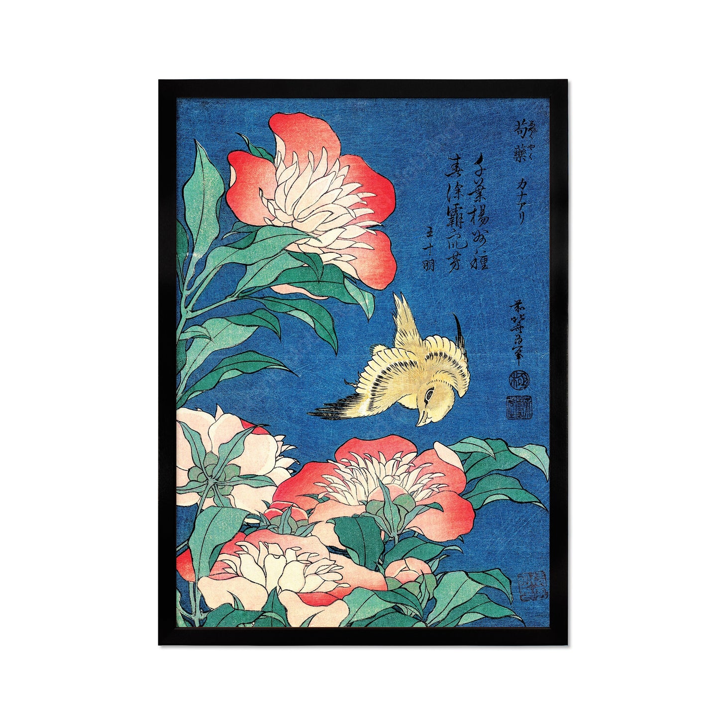 Japanese Art Print Poster Woodblock Ukiyo-e Framed Mounted Wall Hokusai Flower Floral Peonies Canary Bird Tattoo Beautiful Calligraphy A2