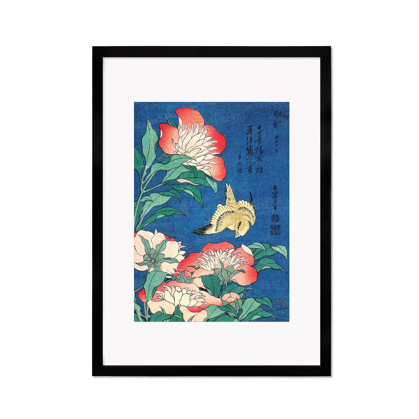 Japanese Art Print Poster Woodblock Ukiyo-e Framed Mounted Wall Hokusai Flower Floral Peonies Canary Bird Tattoo Beautiful Calligraphy A2 A3