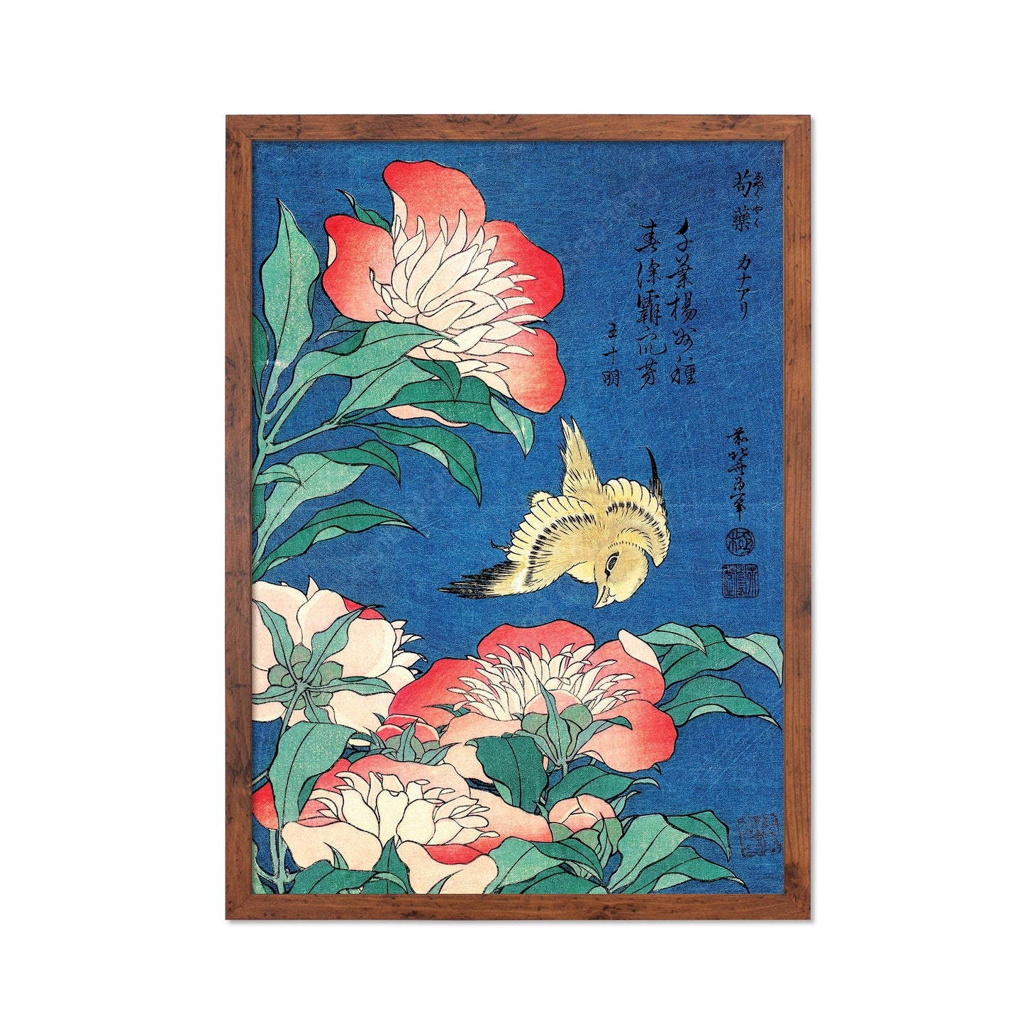 Japanese Art Print Poster Woodblock Ukiyo-e Framed Mounted Wall Hokusai Flower Floral Peonies Canary Bird Tattoo Beautiful Calligraphy A2