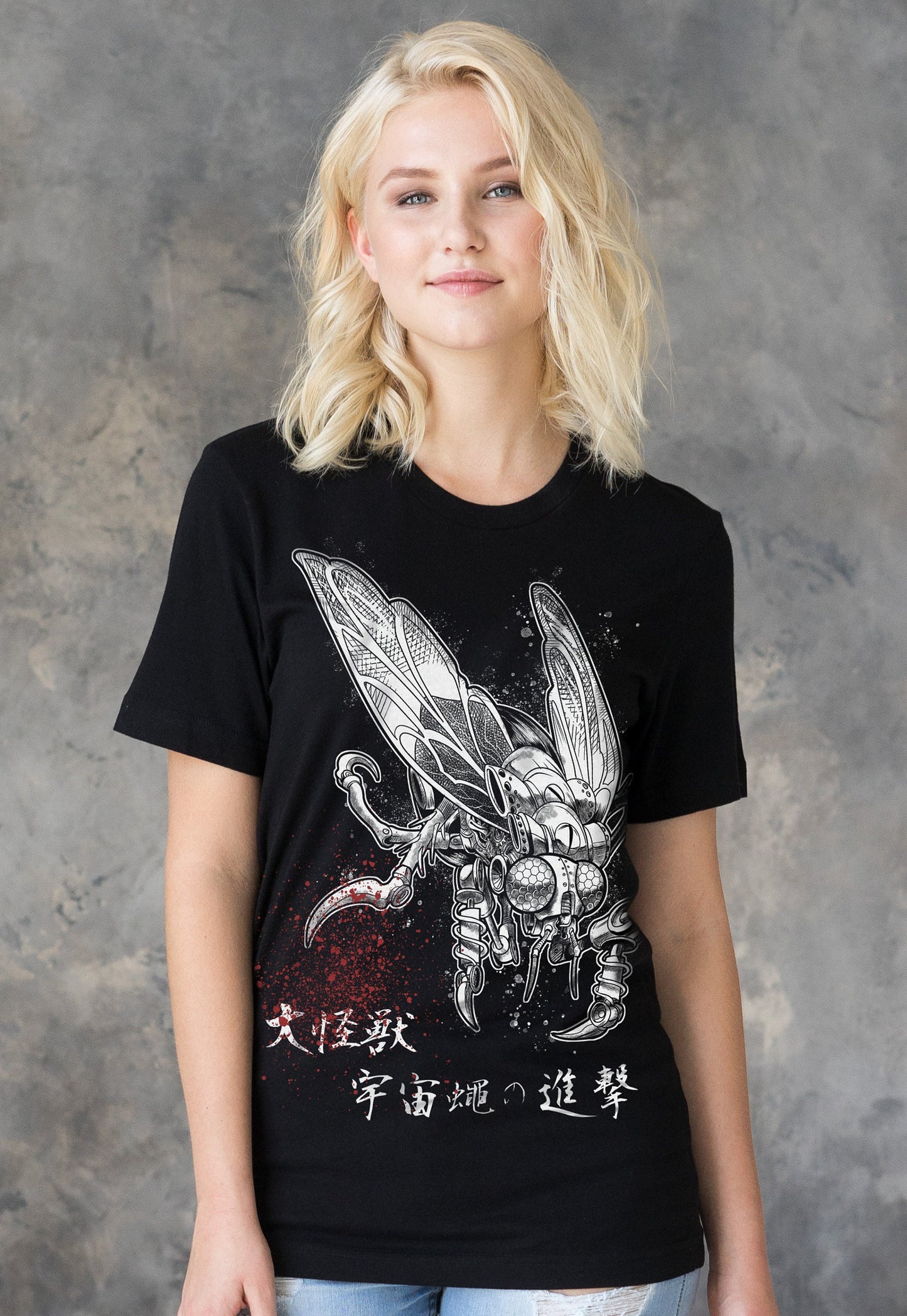 Japanese Robot Fly Invasion T Shirt Calligraphy Japan Anime Manga Print Monster Horror Geek Sci Fi Samurai B-Movie Mens Womens Printed Tee