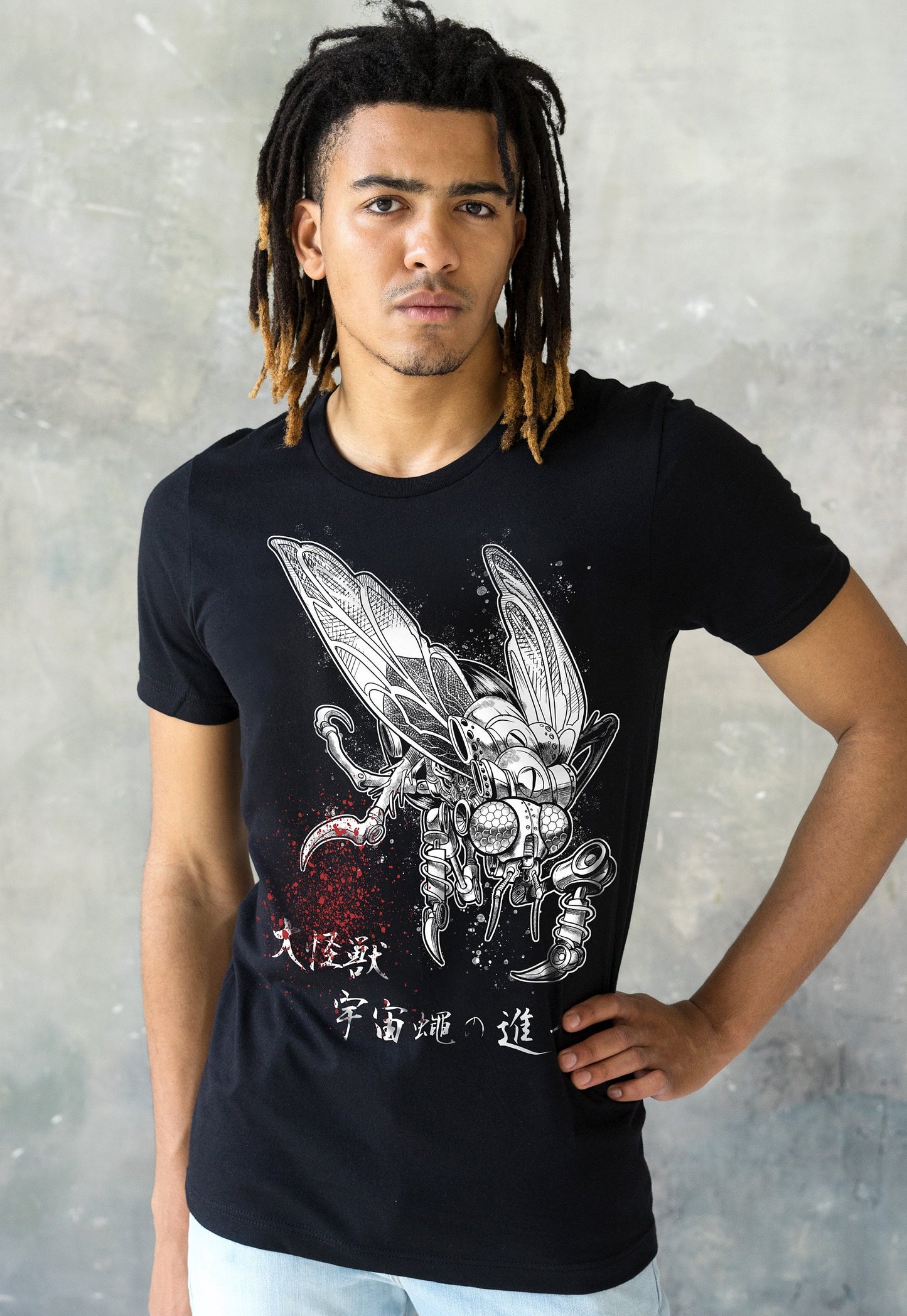 Japanese Robot Fly Invasion T Shirt Calligraphy Japan Anime Manga Print Monster Horror Geek Sci Fi Samurai B-Movie Mens Womens Printed Tee