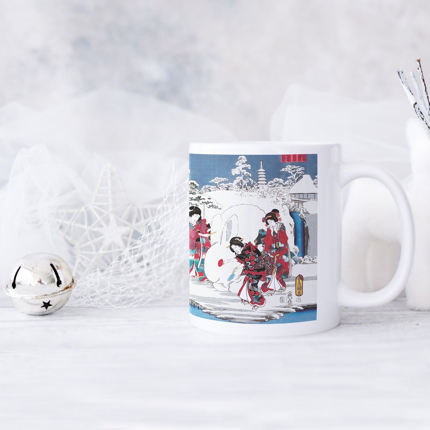 Japanese Ukiyo-e Art Mug Cup with a Box Boxed Woodblock Print Hiroshige Kunisada Prince Genji Geisha Maiko Snow Snowman Beautiful Japan Gift