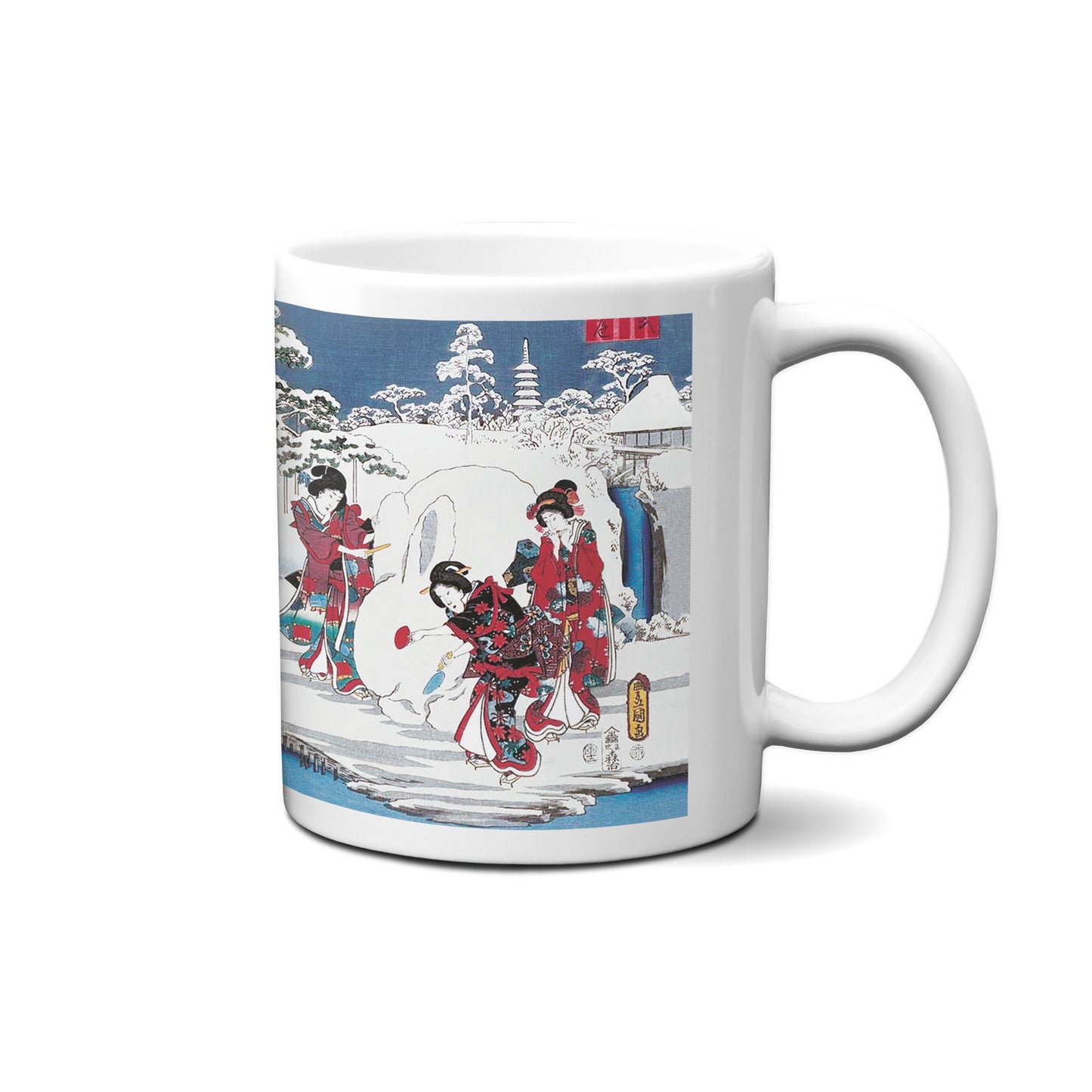 Japanese Ukiyo-e Art Mug Cup with a Box Boxed Woodblock Print Hiroshige Kunisada Prince Genji Geisha Maiko Snow Snowman Beautiful Japan Gift