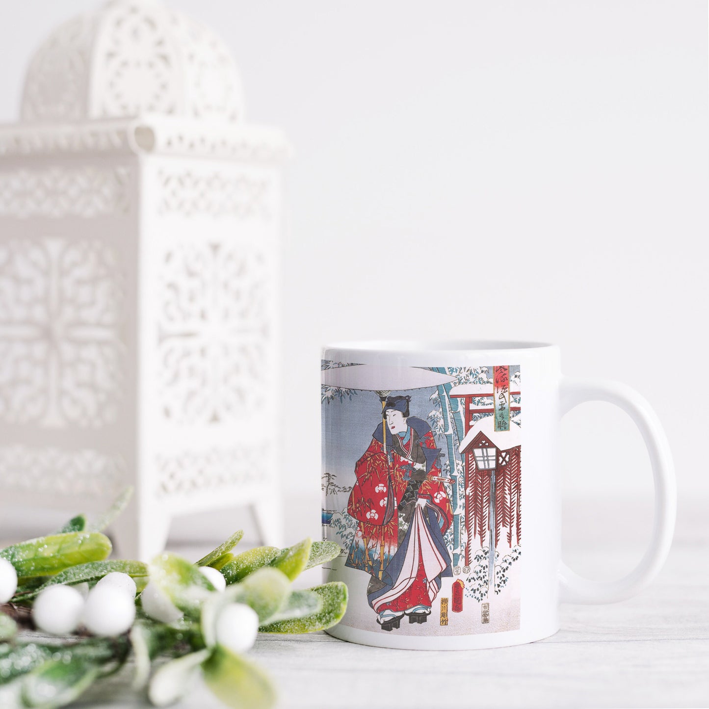 Japanese Ukiyo-e Art Mug Cup with a Box Boxed Woodblock Print Hiroshige Kunisada Prince Genji Geisha Maiko Snow Christmas Beautiful Gift Set