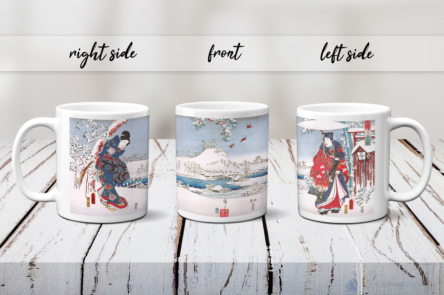 Japanese Ukiyo-e Art Mug Cup with a Box Boxed Woodblock Print Hiroshige Kunisada Prince Genji Geisha Maiko Snow Christmas Beautiful Gift Set