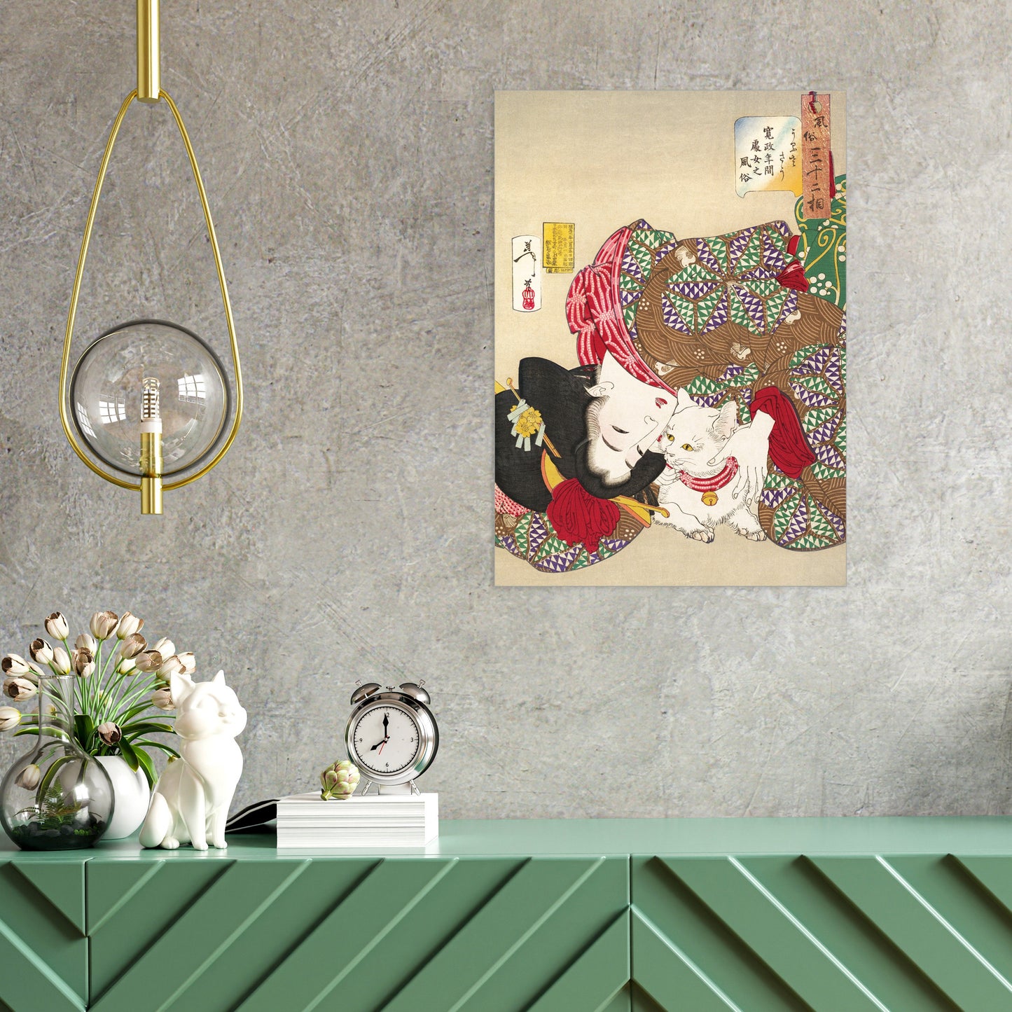 Japanese Ukiyo-e Art Print Poster Woodblock Wall Art Yoshitoshi Kyoto Geisha Maiko Cat Neko Kimono Tattoo Cute Beautiful Japan Calligraphy