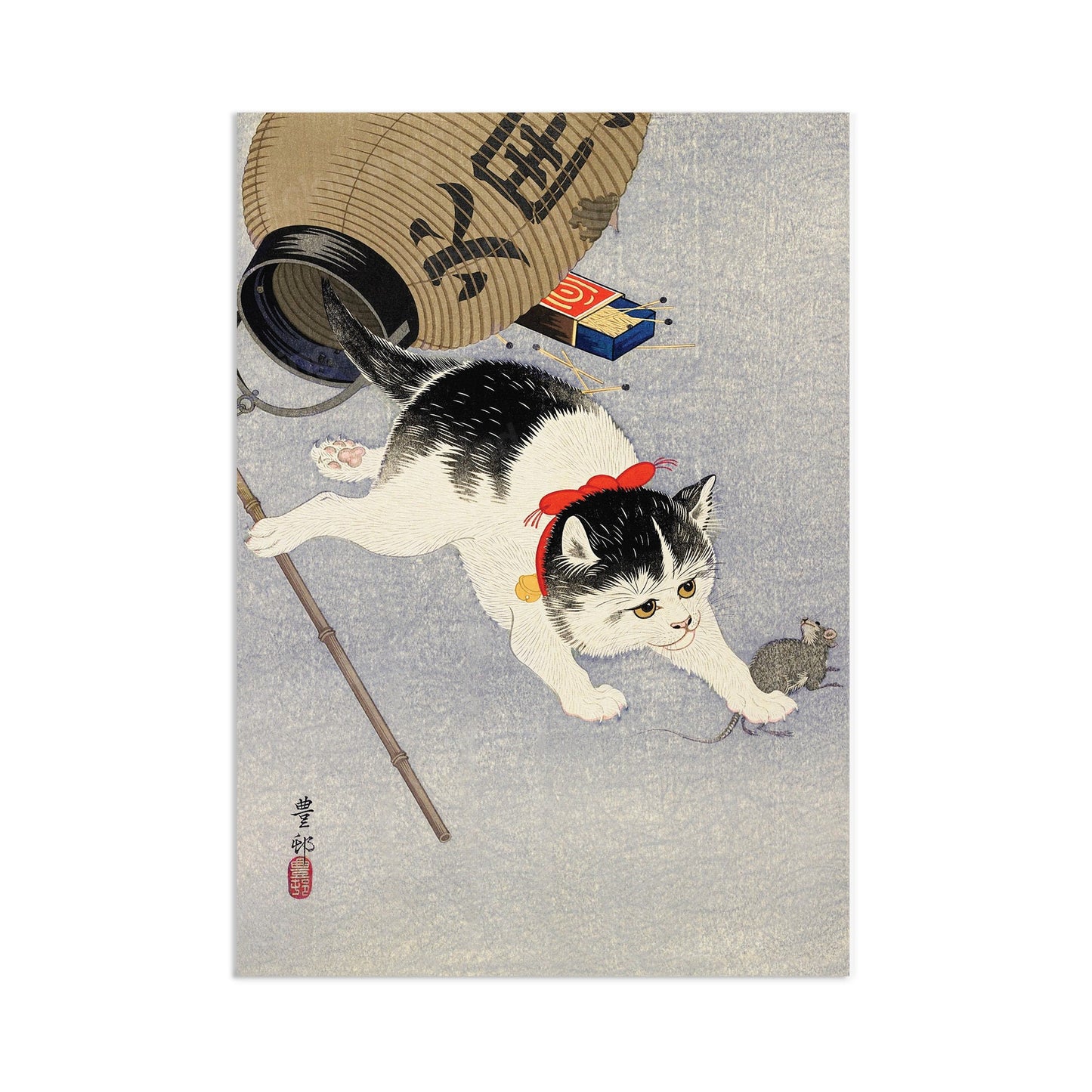 Japanese Ukiyo-e Art Print Poster Woodblock Wall Decor Koson Shoson Kitten and Lantern Cat Neko Kawaii Cute Beautiful Japan Calligraphy A3