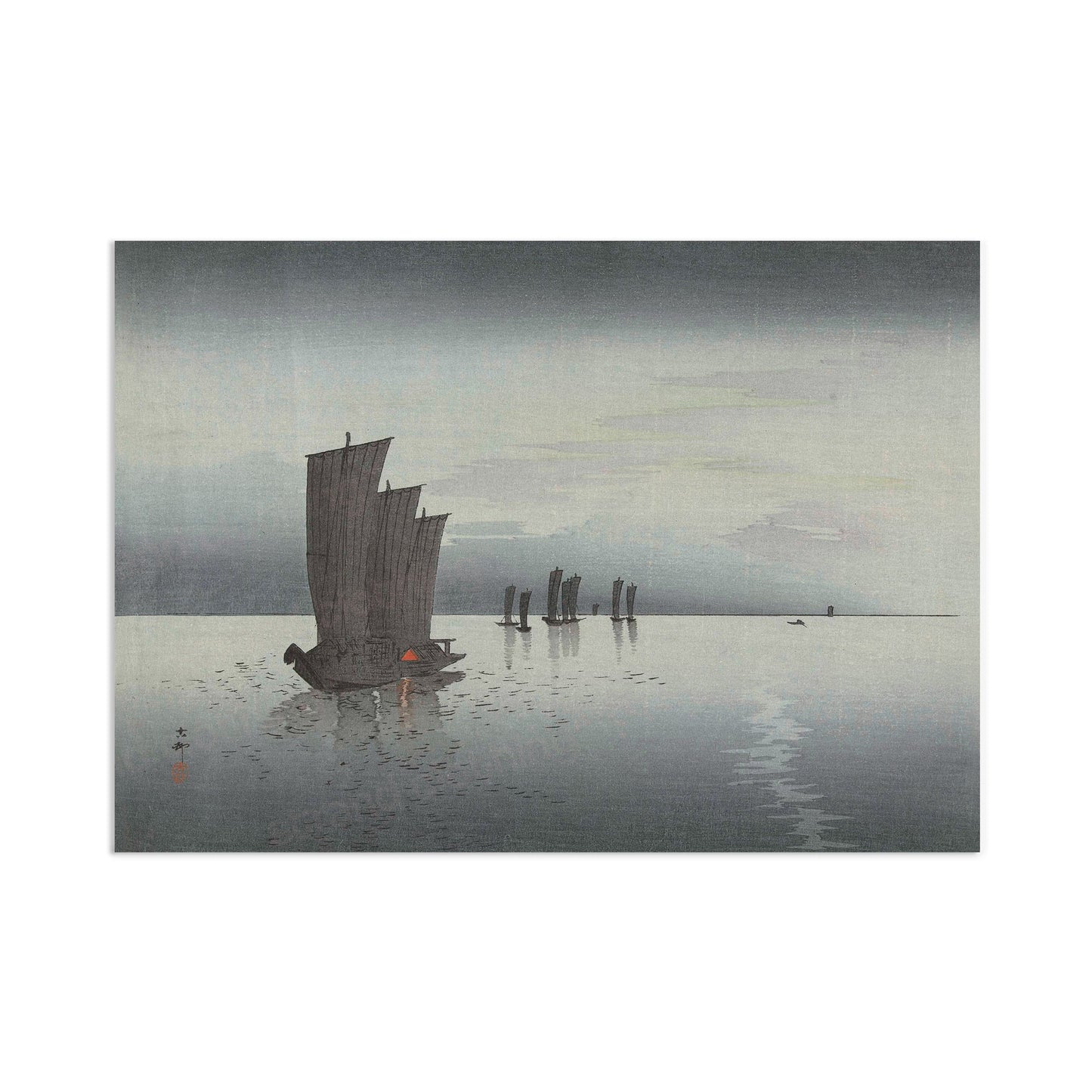 Japanese Ukiyo-e Art Print Poster Woodblock Wall Koson Shoson Sail Boats Night Yacht Sunset Ship Sea Ocean Landscape Seascape Beautiful A3